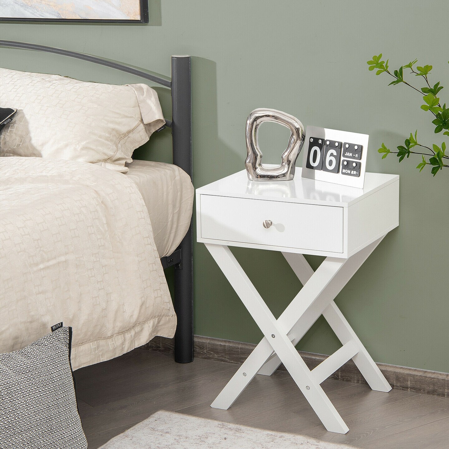 X Shaped Base Side Nightstand with 1 Drawer Perfect for Place to Plant and Photo Frame or Any Decorative Item