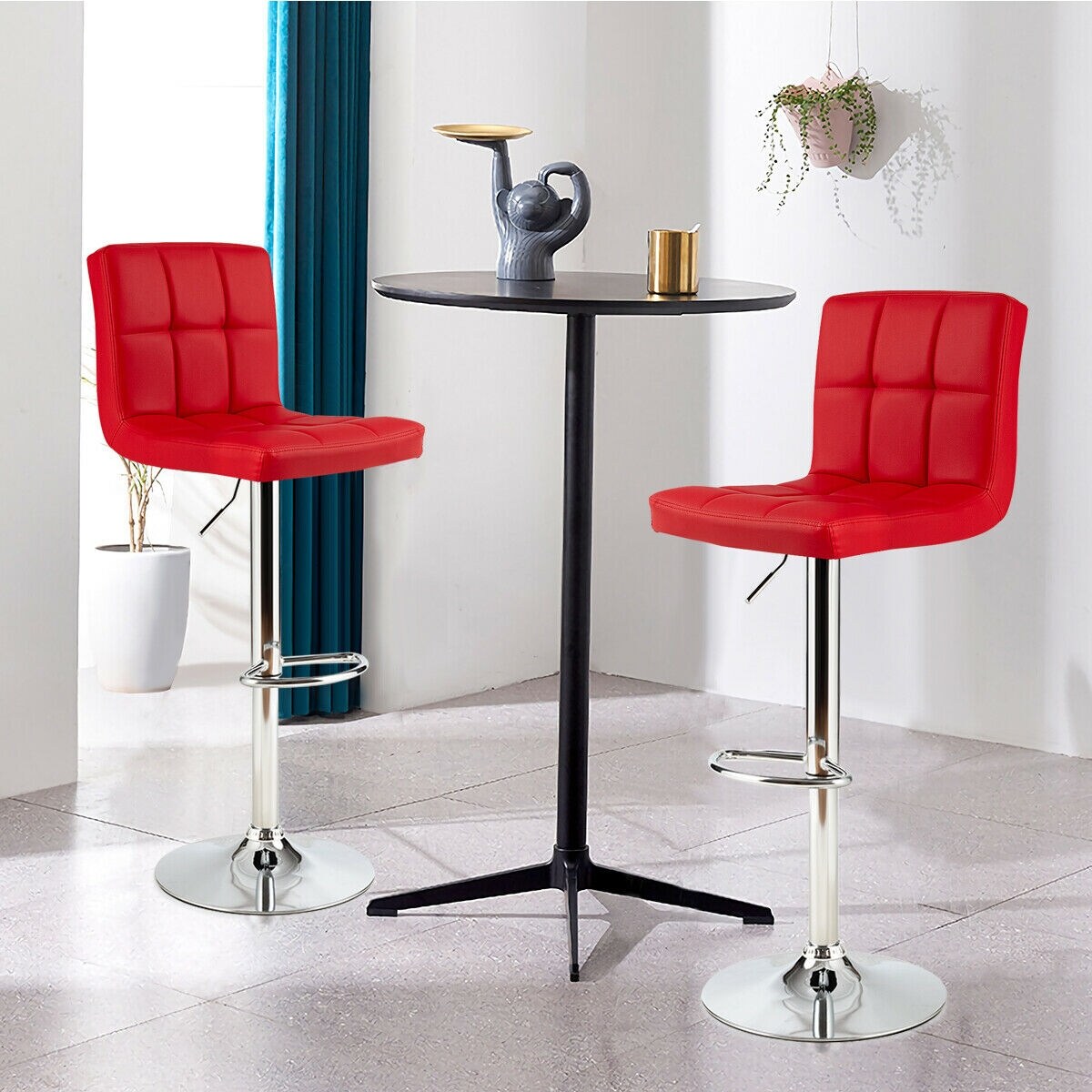 Set of 2 Square Swivel Adjustable PU Leather Bar Stools with Back and Footrest