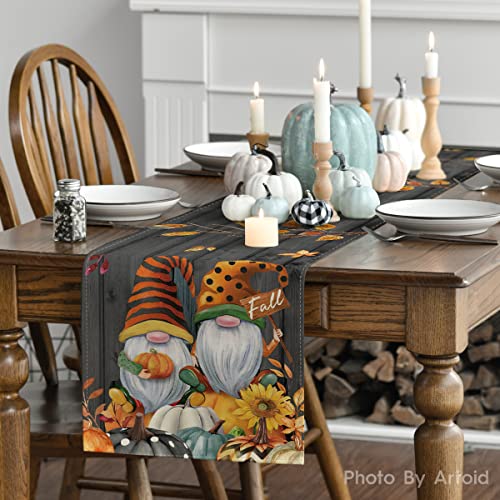 Fall Gnomes Pumpkins Sunflower Maple Leaves Thanksgiving Table Runner, Seasonal Harvest Vintage Kitchen Dining Table Decoration for Indoor Outdoor Home Party Decor 13 x 72 Inch