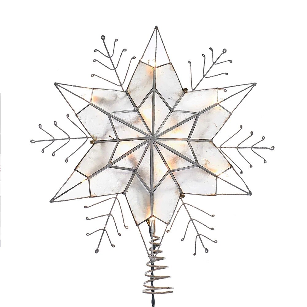KSA 14" Lighted Silver Snowflake Star Christmas Tree Topper, Clear Lights