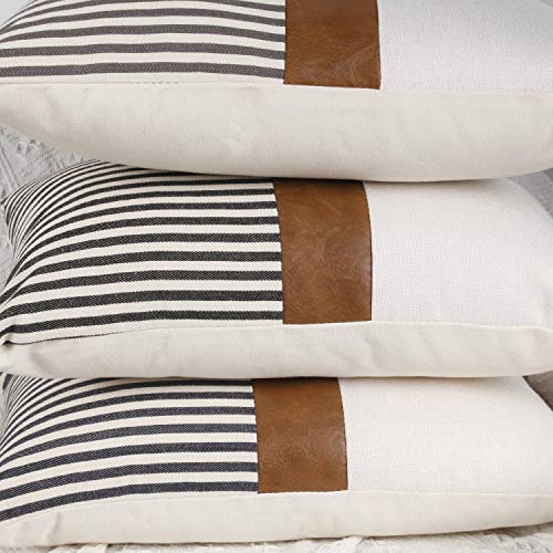 cygnus Set of 2 Farmhouse Decor Stripe Patchwork Linen Throw Pillow Covers,Modern Tan Faux Leather Accent Pillow Covers 18x18 inch,Gray