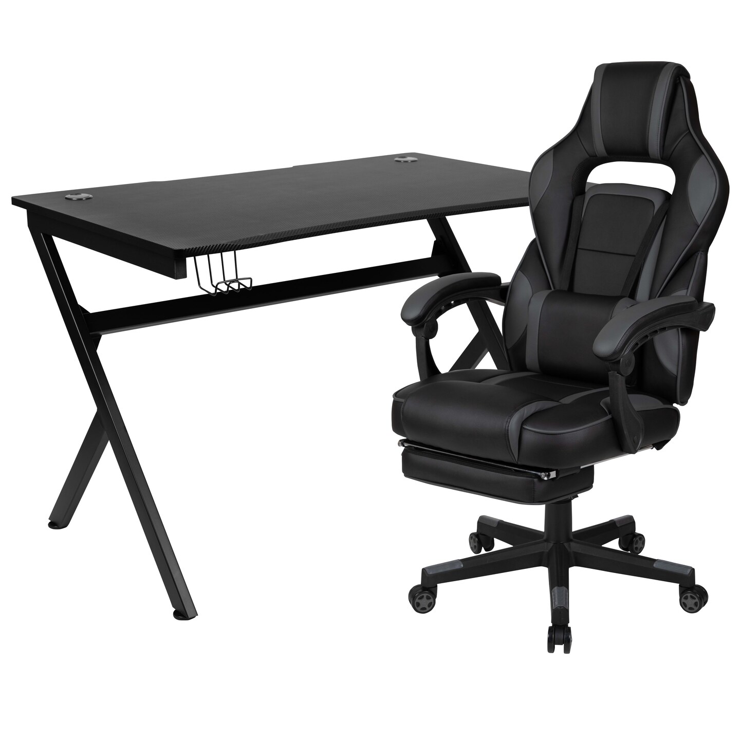 Emma and Oliver Gaming Desk Set - Cup/Headset Holder/Reclining & Footrest