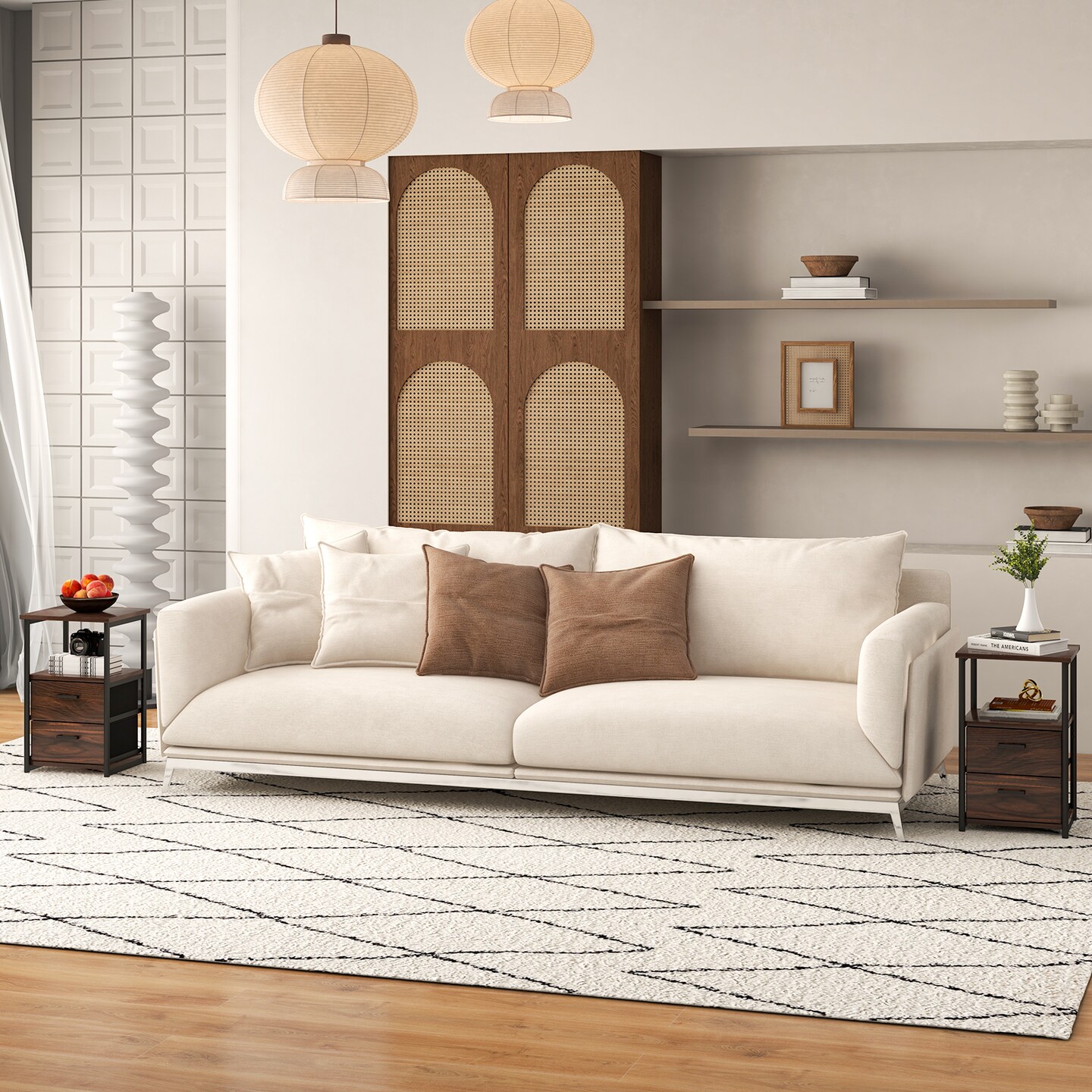 3-Tier Retro Nightstand with 2 Removable Fabric Drawers and Open Shelf