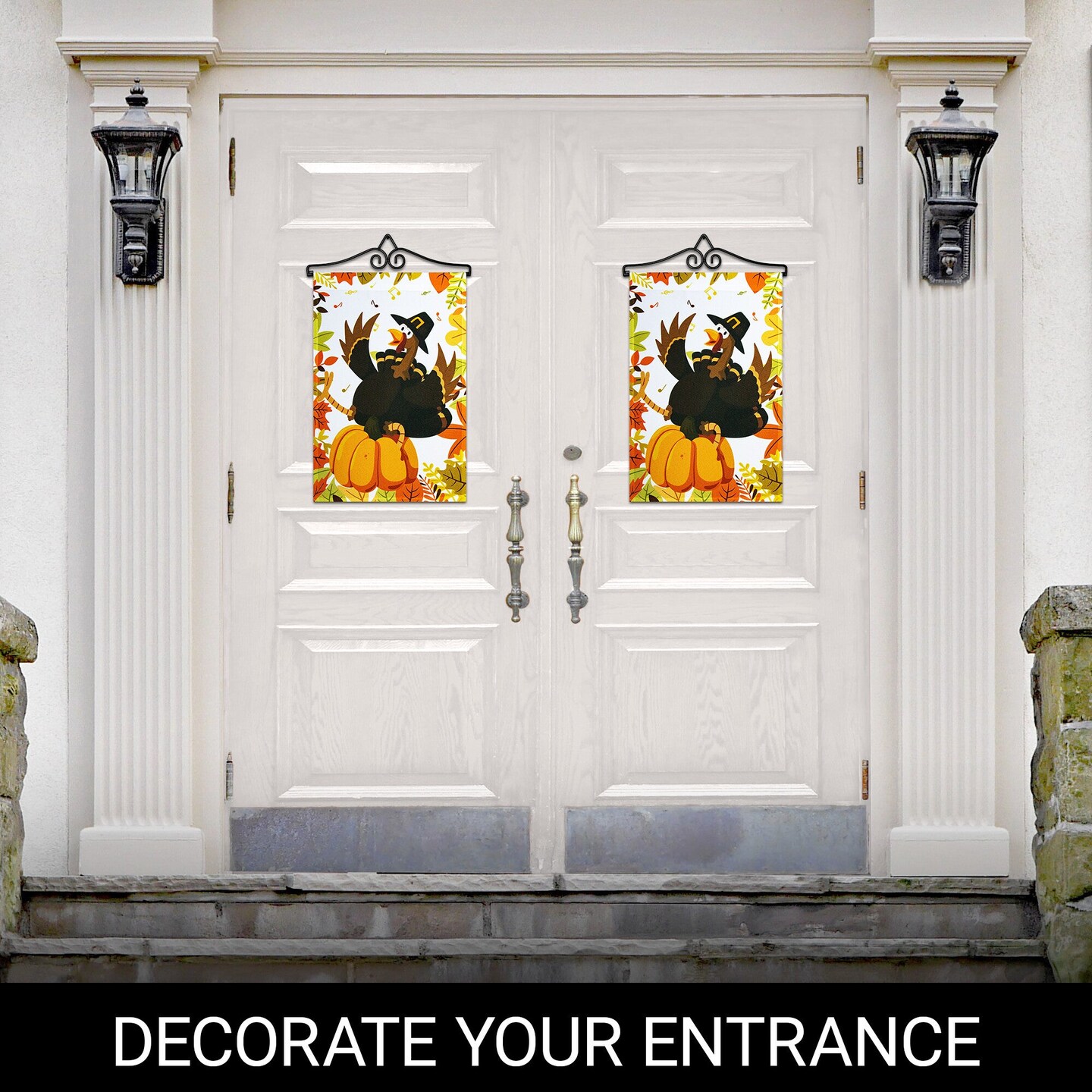 G128 Combo Pack Garden Flag Hanger 14IN & Garden Flag Pilgrim Turkey with Pumpkin 12x18IN Printed 150D Polyester