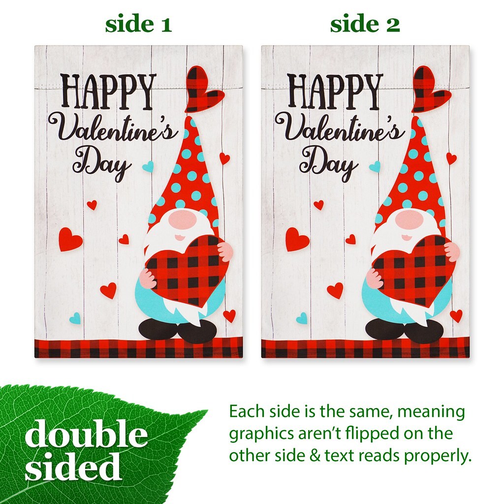 G128 Garden Flag Happy Valentine&#x27;s Day Gnome Holding Plain Heart 12&#x22;x18&#x22; Blockout Fabric