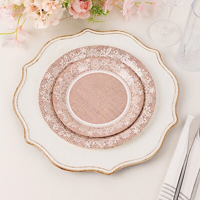 25 Natural 7 in Burlap Print White Floral Lace Trim Salad Paper PLATES