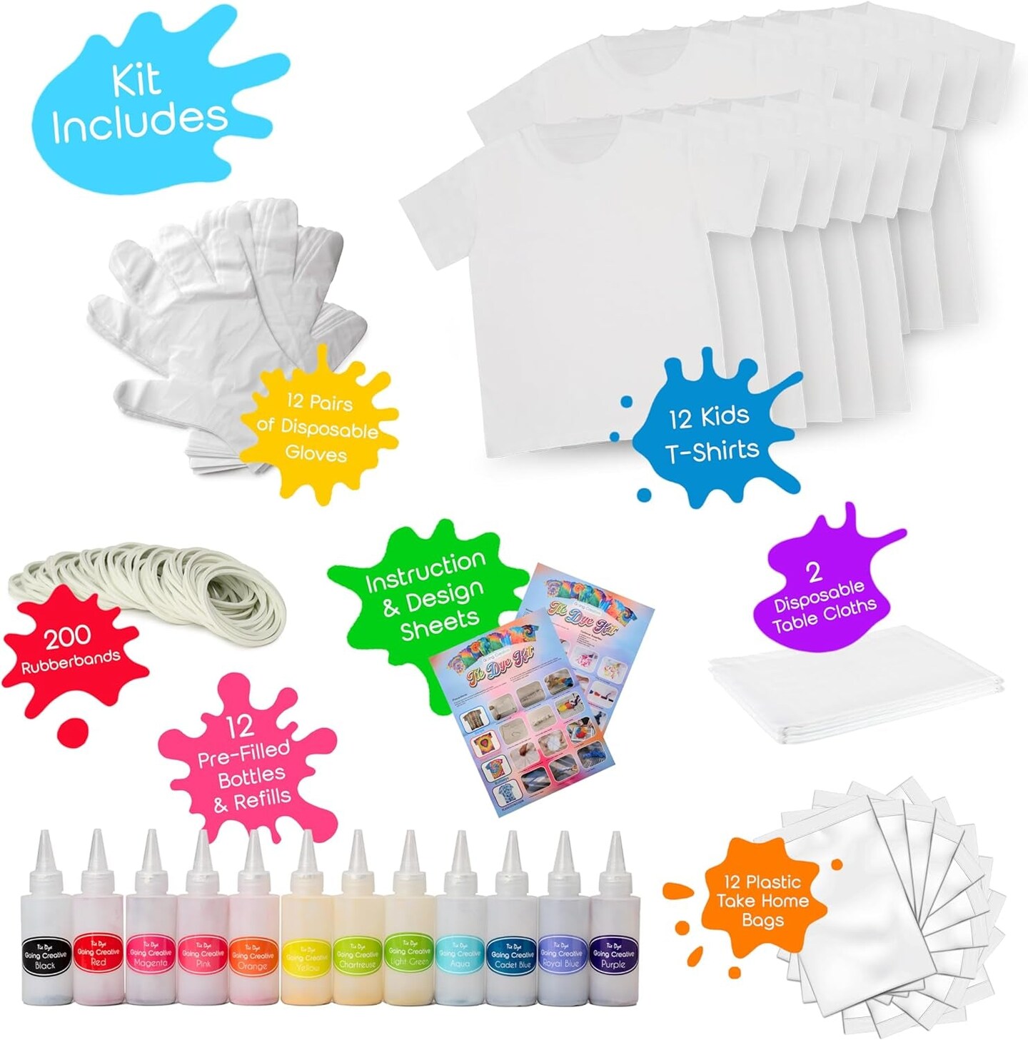 All-In-One Children&#x2019;S Tie Dye Kit - Tie Dye Party Pack W/ 12 Kids Shirts, 12 Colors in Pre-Filled Bottles, 12 Refills, Gloves, Bands &#x26; More - Top Arts and Crafts for Kids 4 &#x26; Up