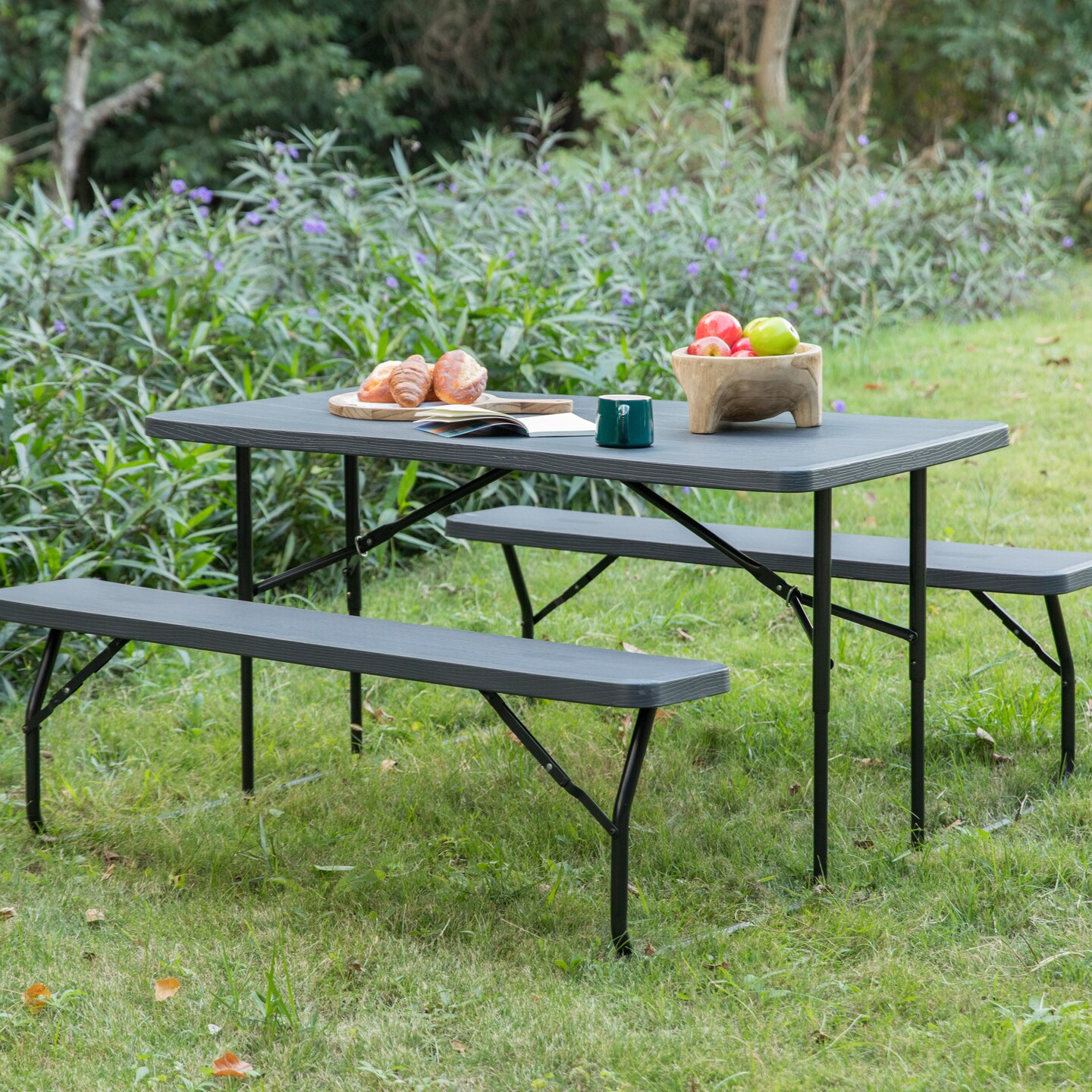 Gray Outdoor Foldable Woodgrain Portable Picnic Table Set, 5 Feet Long