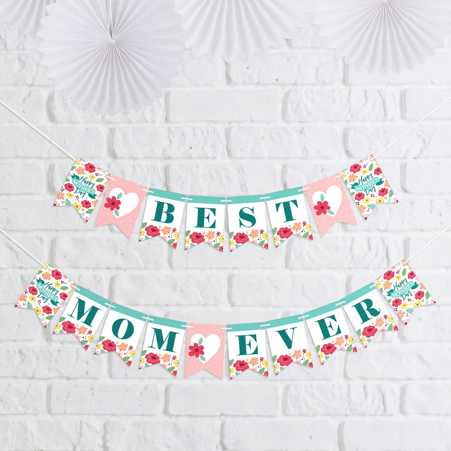 Big Dot of Happiness Colorful Floral Happy Mother&#x27;s Day - We Love Mom Party Mini Pennant Banner - Best Mom Ever