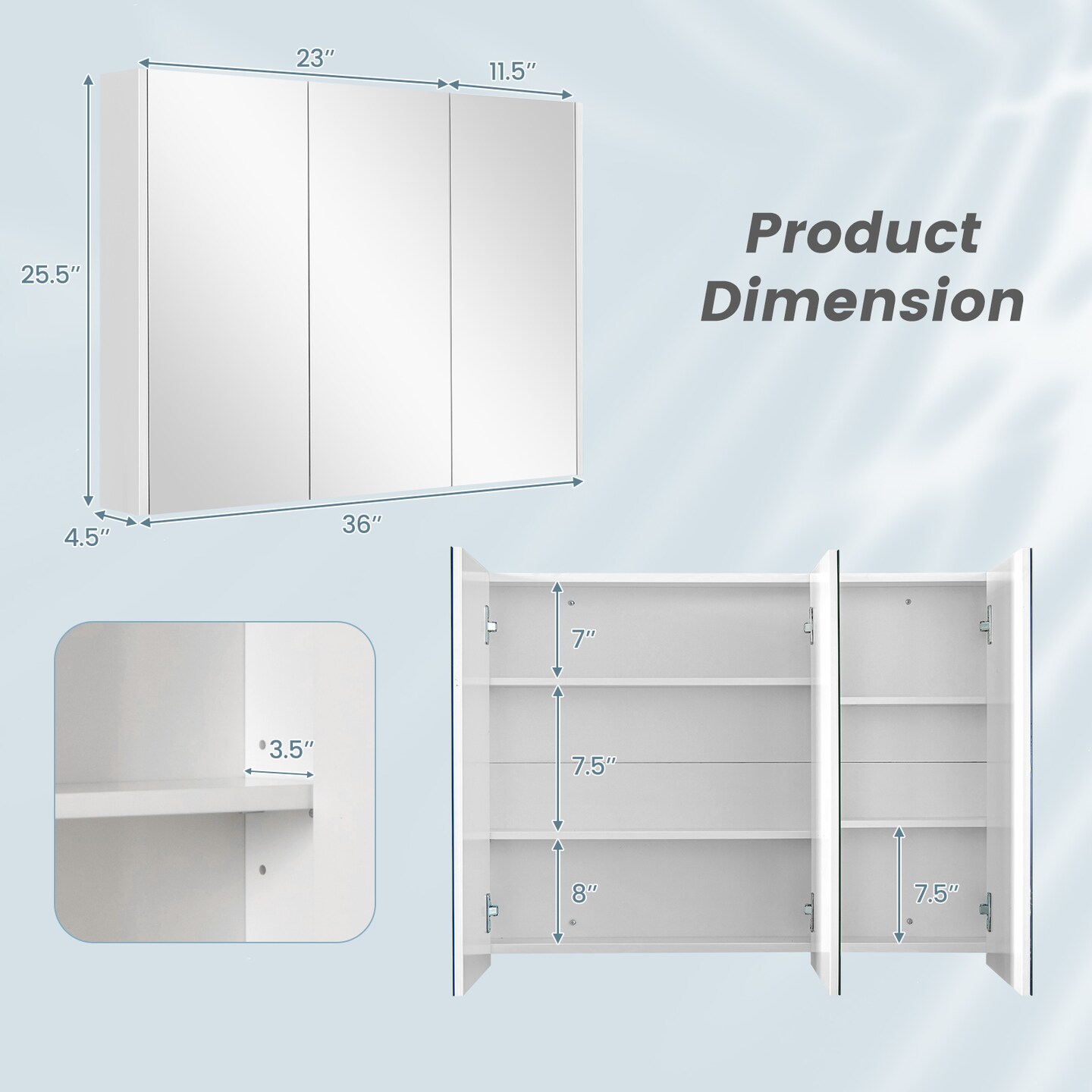 3-Door Wall-Mounted Mirror Cabinet with 3-Adjustable Shelves
