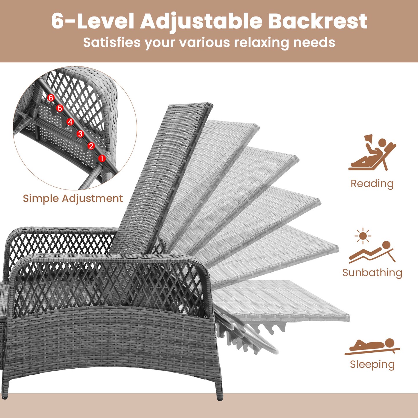 Outdoor Chaise Lounge Chair Recliner With 6-level Backrest Cushion And Pillow