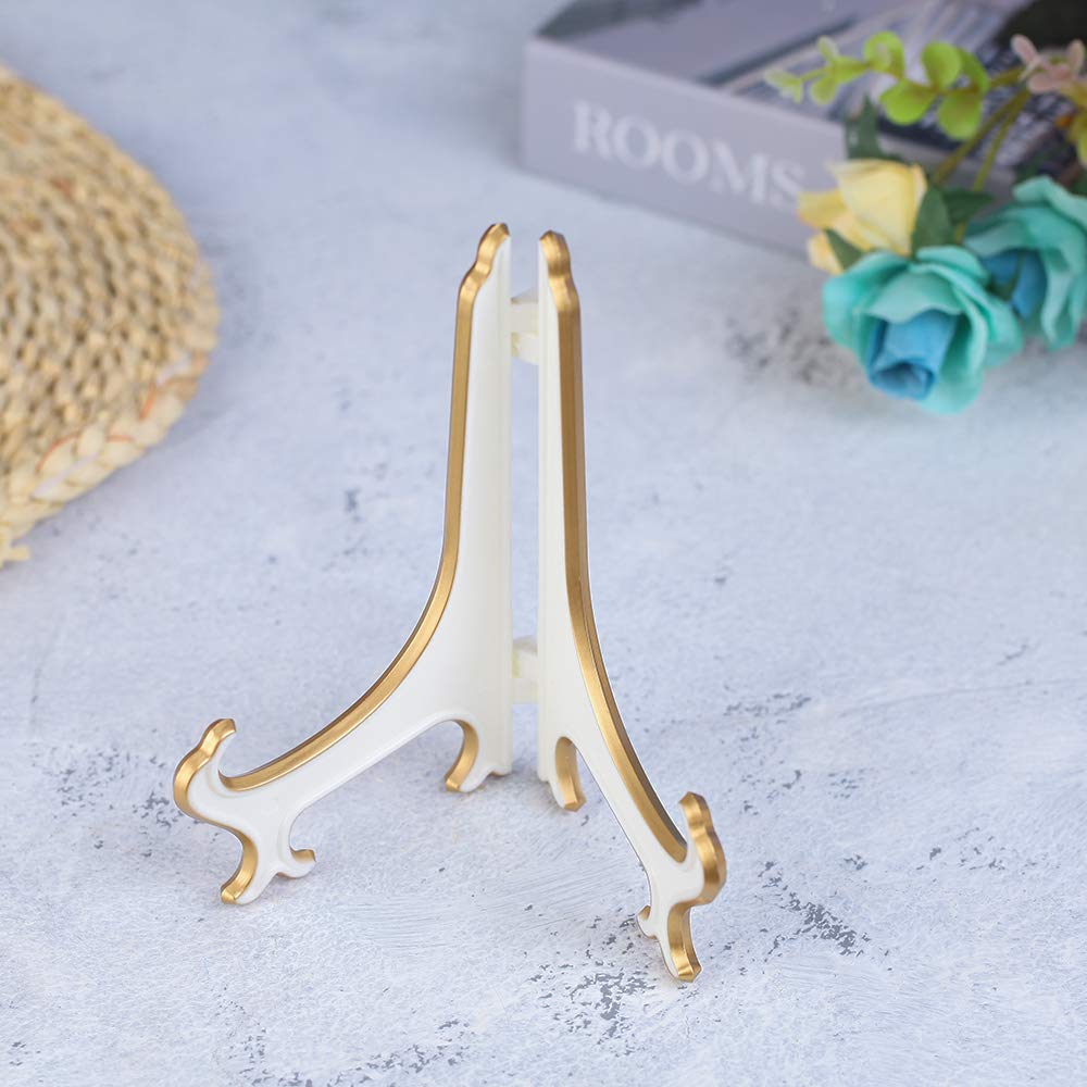 Artliving 4&#x22; White Gold Decorative Small Plate Stand Holder Plastic Picture Easel Display Stand Picture Frame Stand (2 Pack)