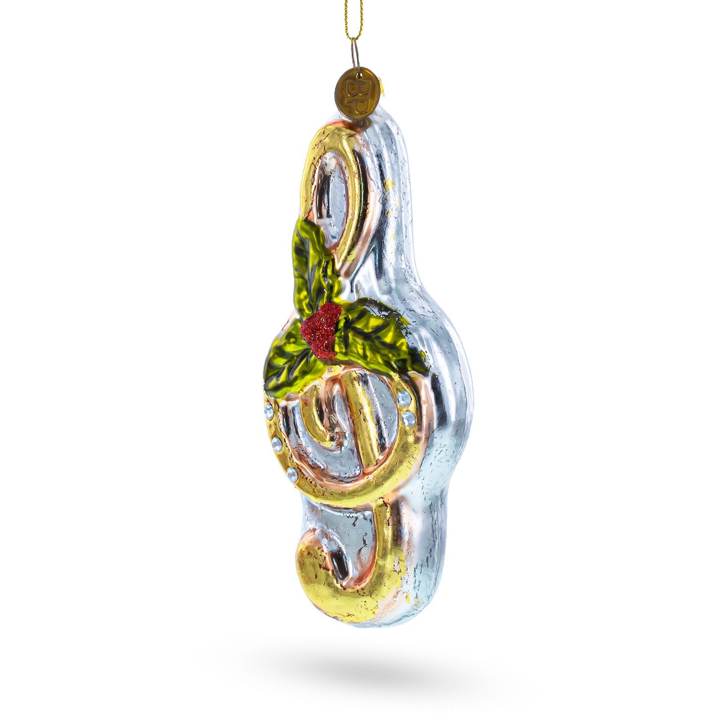 Melodic Musical Note with Poinsettia Blown Glass Christmas Ornament