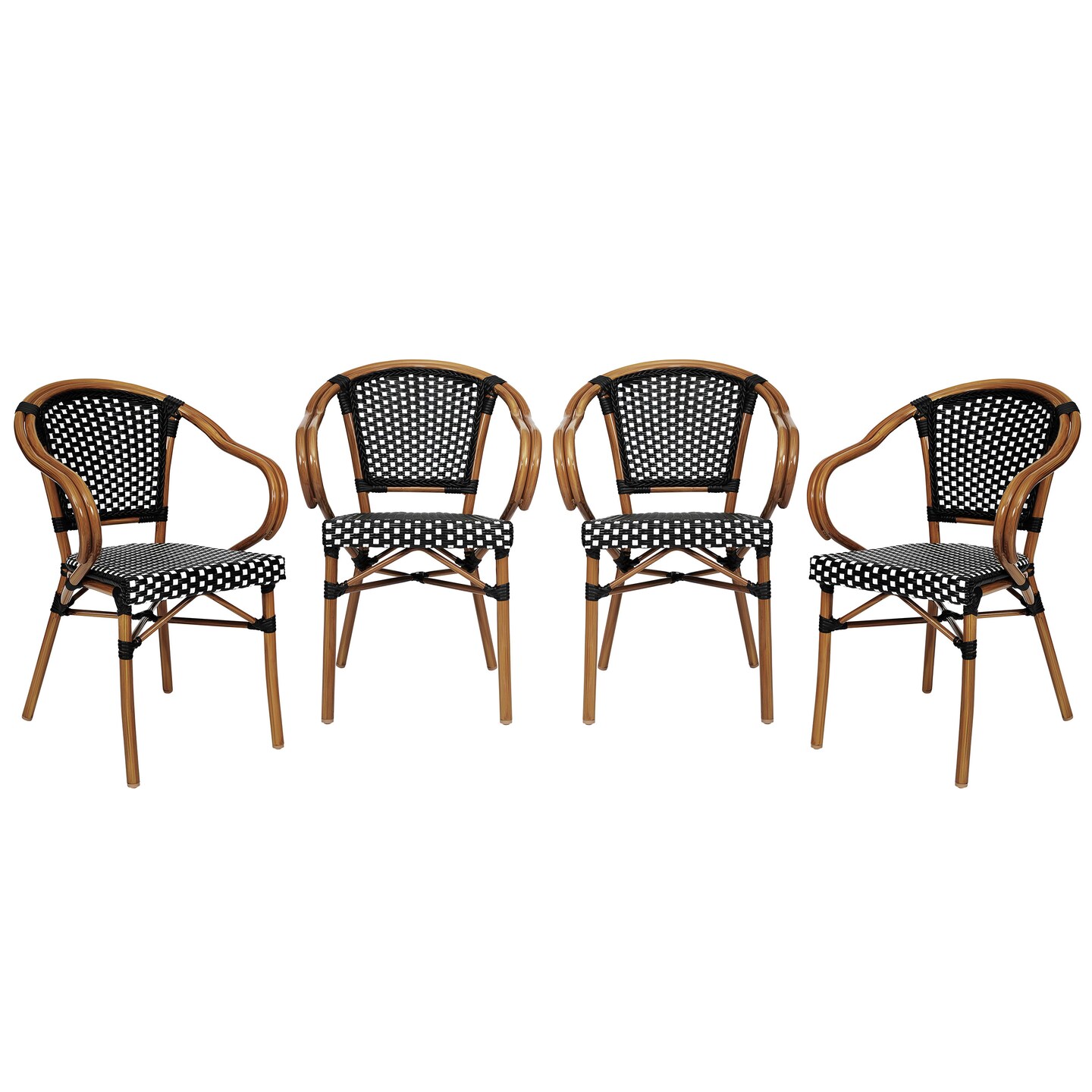 Merrick Lane Sacha Set of Four Stacking Thonet Bistro Style Chair with Arms, PE Rattan Seat, and Bamboo Metal Frame for Indoor/Outdoor Use