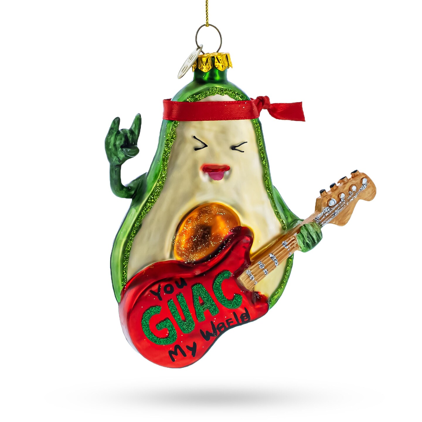 Musical Avocado Strumming a Guitar - Blown Glass Christmas Ornament