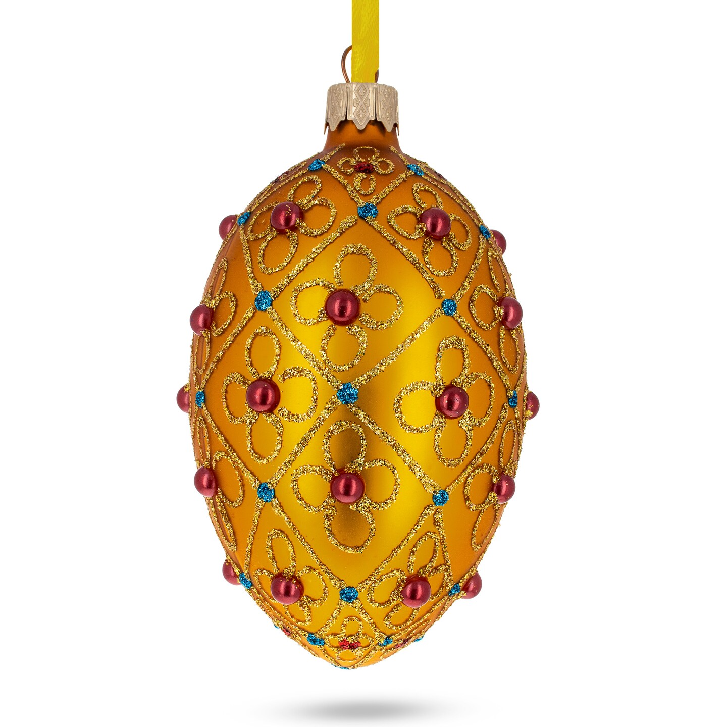 Red Beads, Blue Crystals & Filigree Trellis Glitter on Gold Glass Egg Ornament 4 Inches