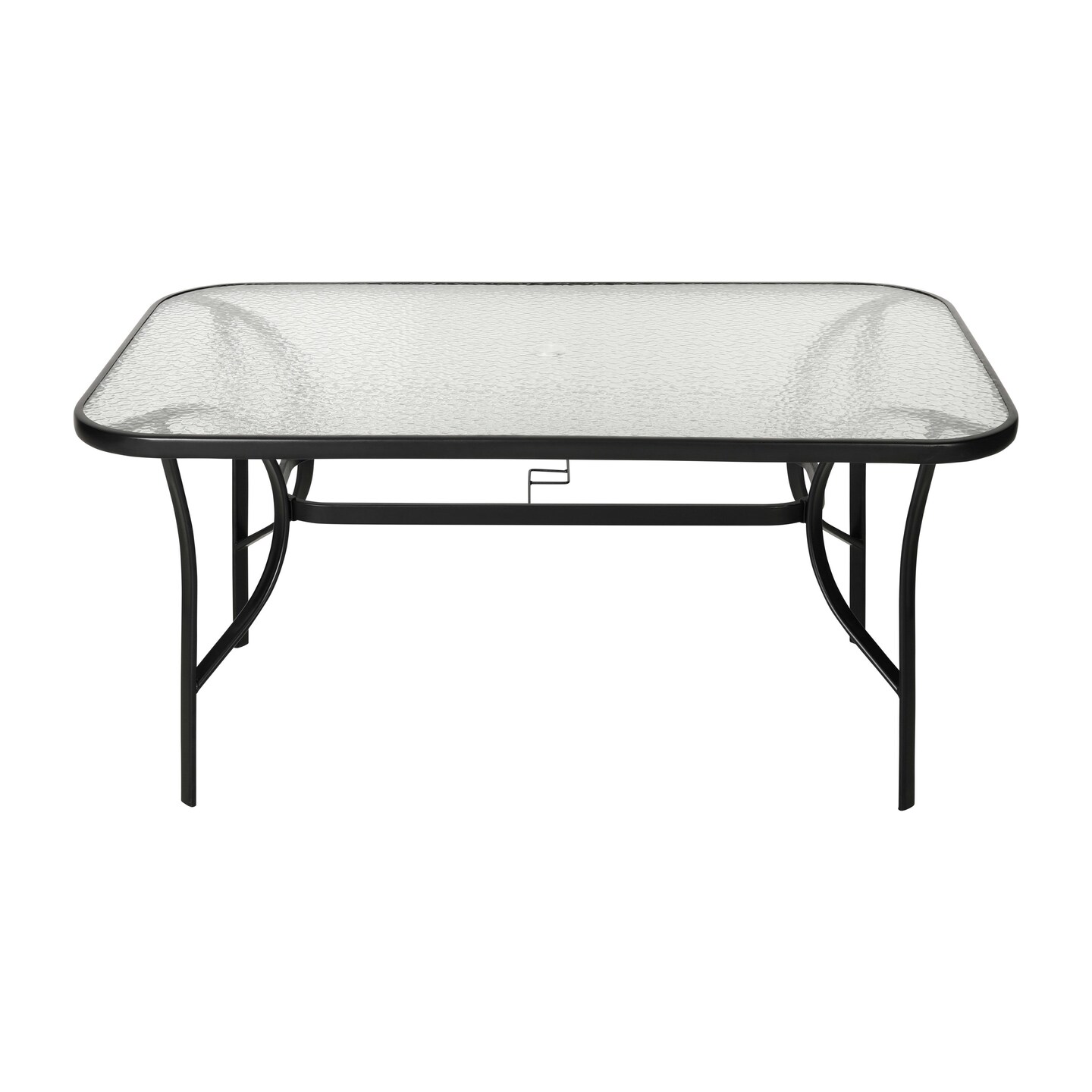 Emma and Oliver Tala Rectangular Tempered Glass Top Patio Table with Umbrella Hole and Black Steel Tube Frame