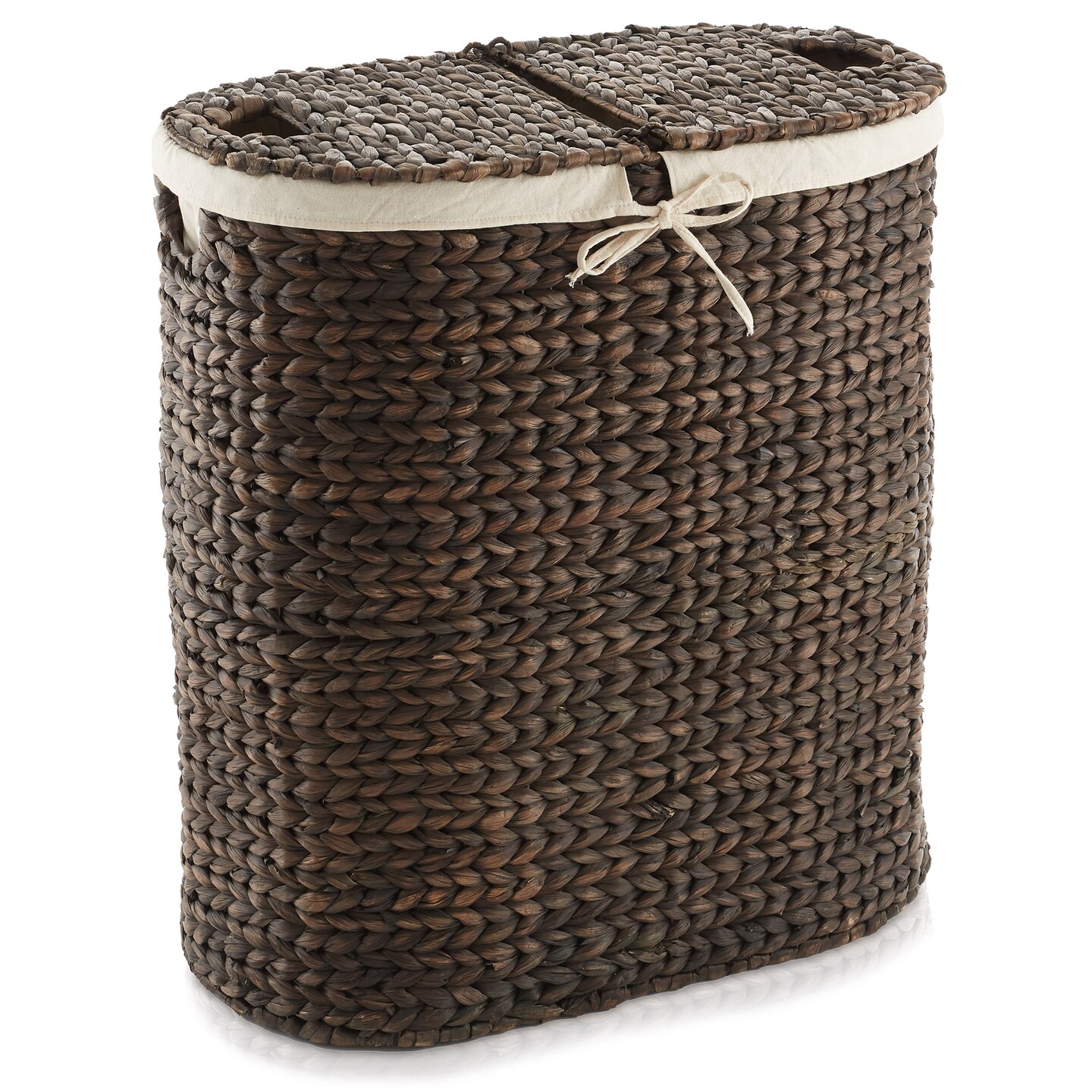 Casafield Oval Laundry Hamper with Lids and Removable Liner Bags, Woven Water Hyacinth 2-Section Laundry Basket Sorter for Clothes and Towels