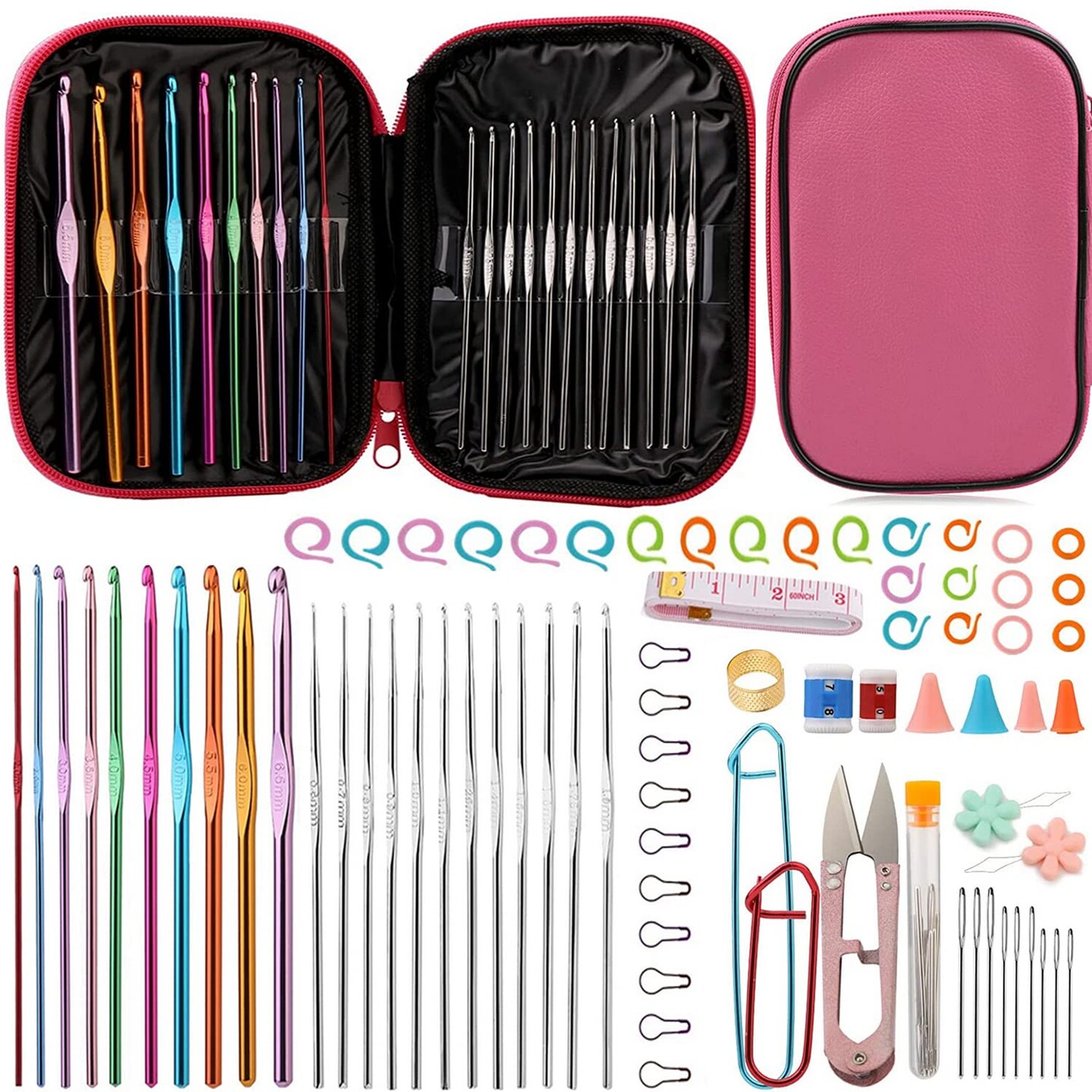 96 Pieces Crochet Hooks Kit, Crochet Needles Set with Storage Bag, Aluminum Crochet Hooks with Stitch Markers and Large-Eye Blunt Needles for Experienced Crochet Hook Lovers