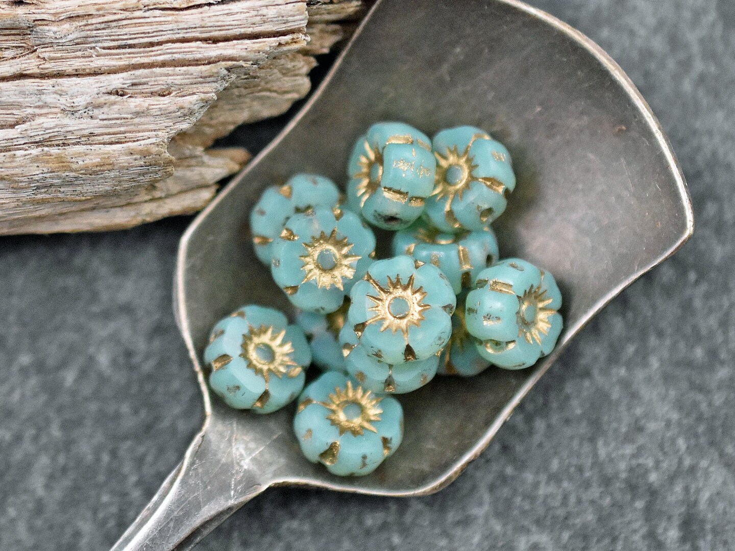 *12* 7mm Gold Washed Aqua Blue Opaline Vaseline Hawaiian Flower Beads
