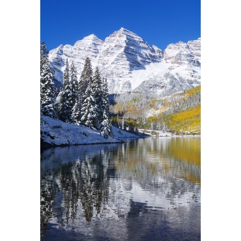 Colorado Near Aspen Landscape Of Maroon Lake And On Maroon Bells In Distance Early Snow. Poster Print