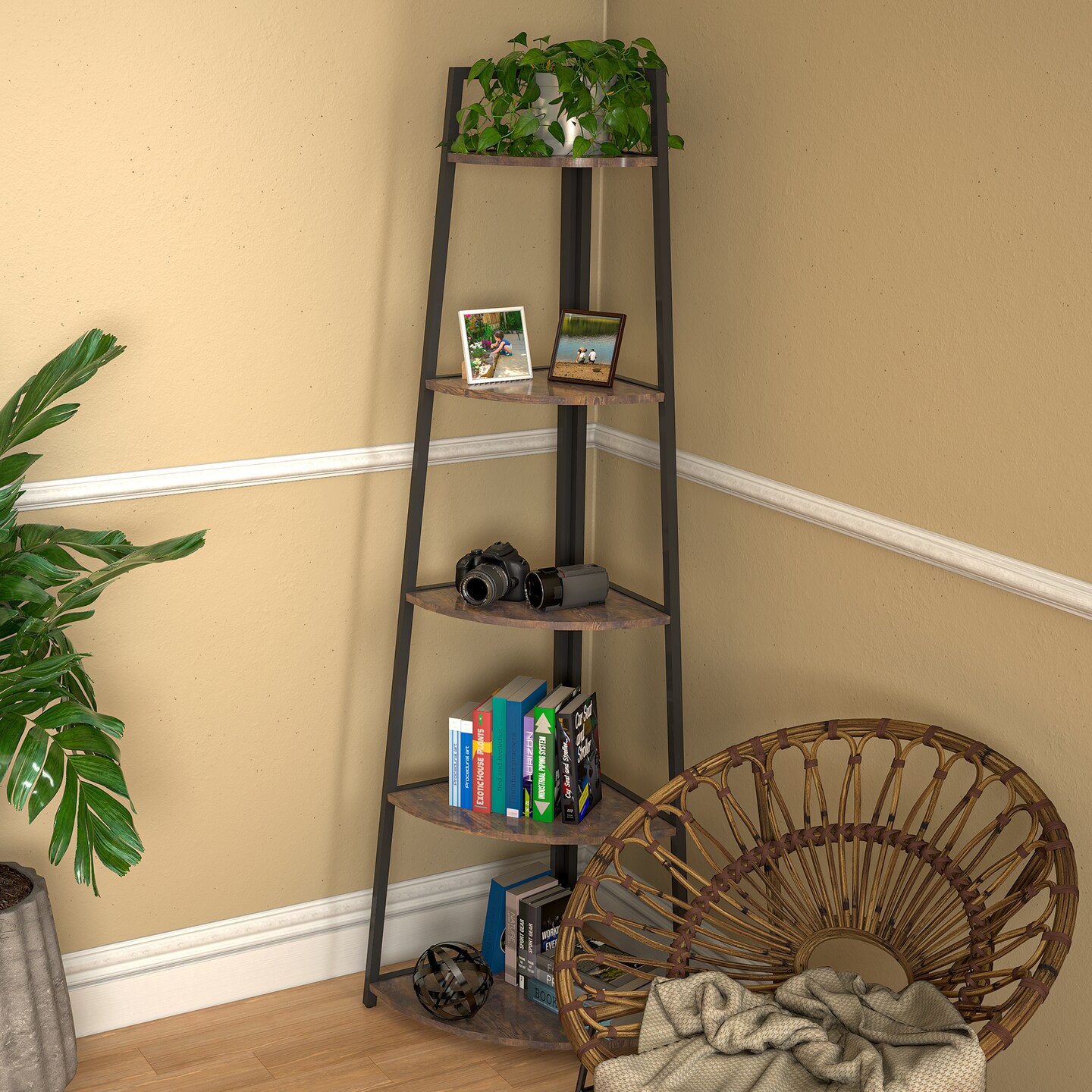 5-Tier Corner Shelf in Rustic Brown | Stylish Storage Solution