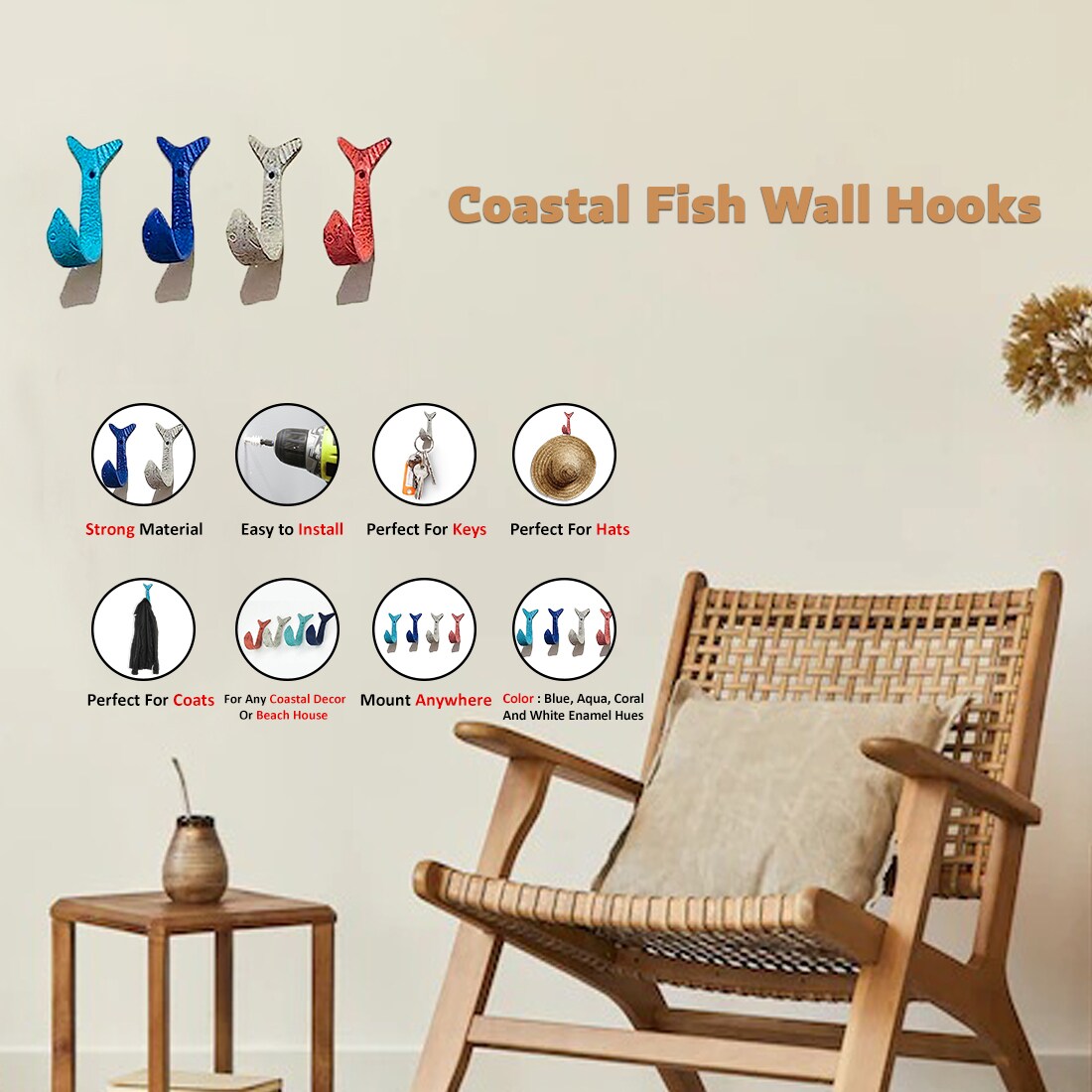 Set of 4 Cast Iron Flipping Fish Decorative Wall Hooks