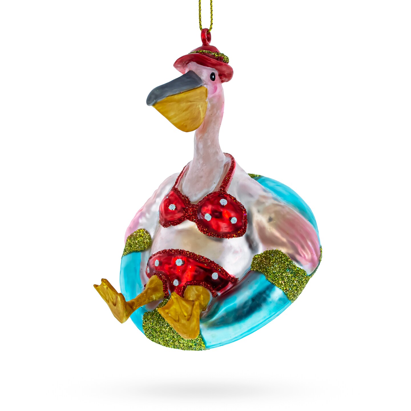 Vacationing Pelican in Swimsuit on an Inflatable Blown Glass Christmas Ornament