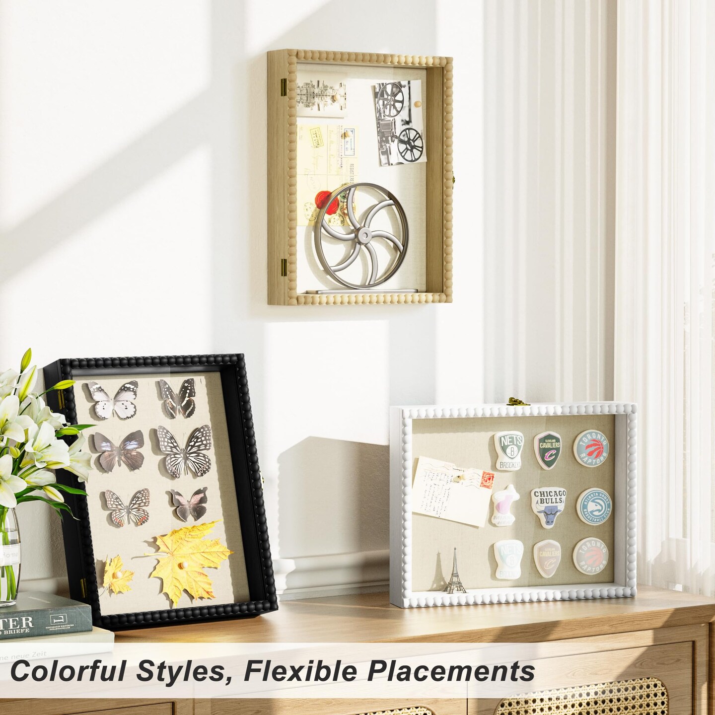 Love-KANKEI Shadow Box Frame 11x14, Deep Large Shadow Box Display Case with Unique Beads Door and Glass Window, Wood Memory Box for Pictures,Medals,Memorabilia,Collections White