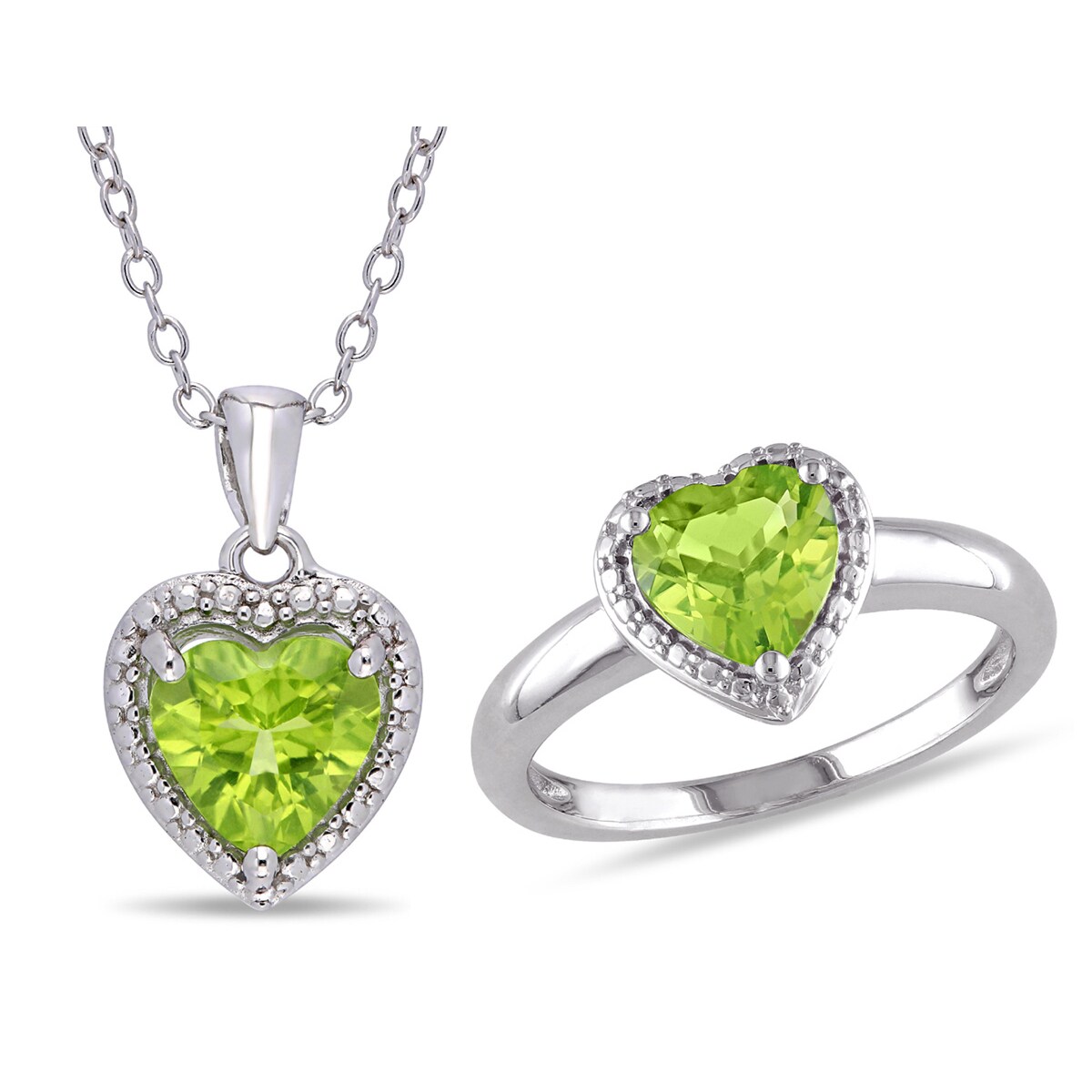 Gem And Harmony 2.66 Carat (ctw) Peridot Heart-Cut Ring and Pendant Set in Sterling Silver