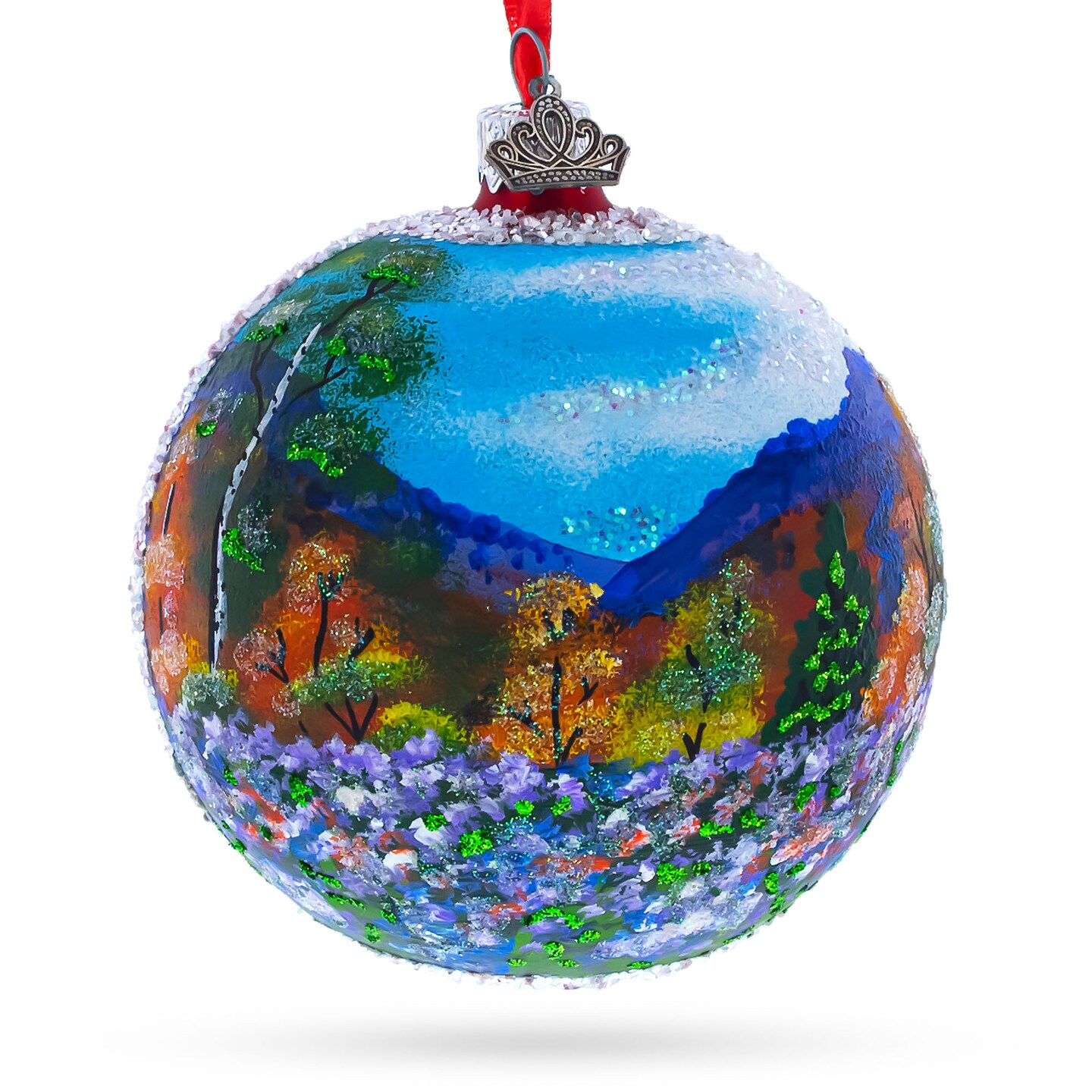 Floral Meadow Painting Glass Ball Christmas Ornament 4 Inches