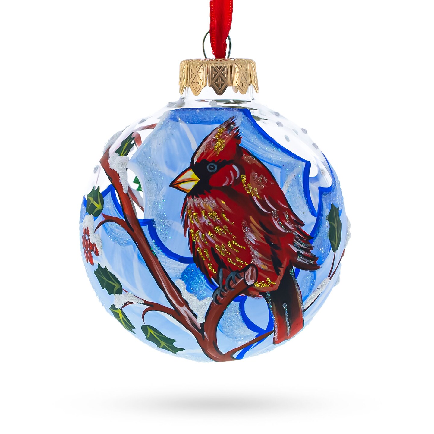 Cardinal Winter Scene Blown Glass Ball Christmas Ornament  3.25 Inches