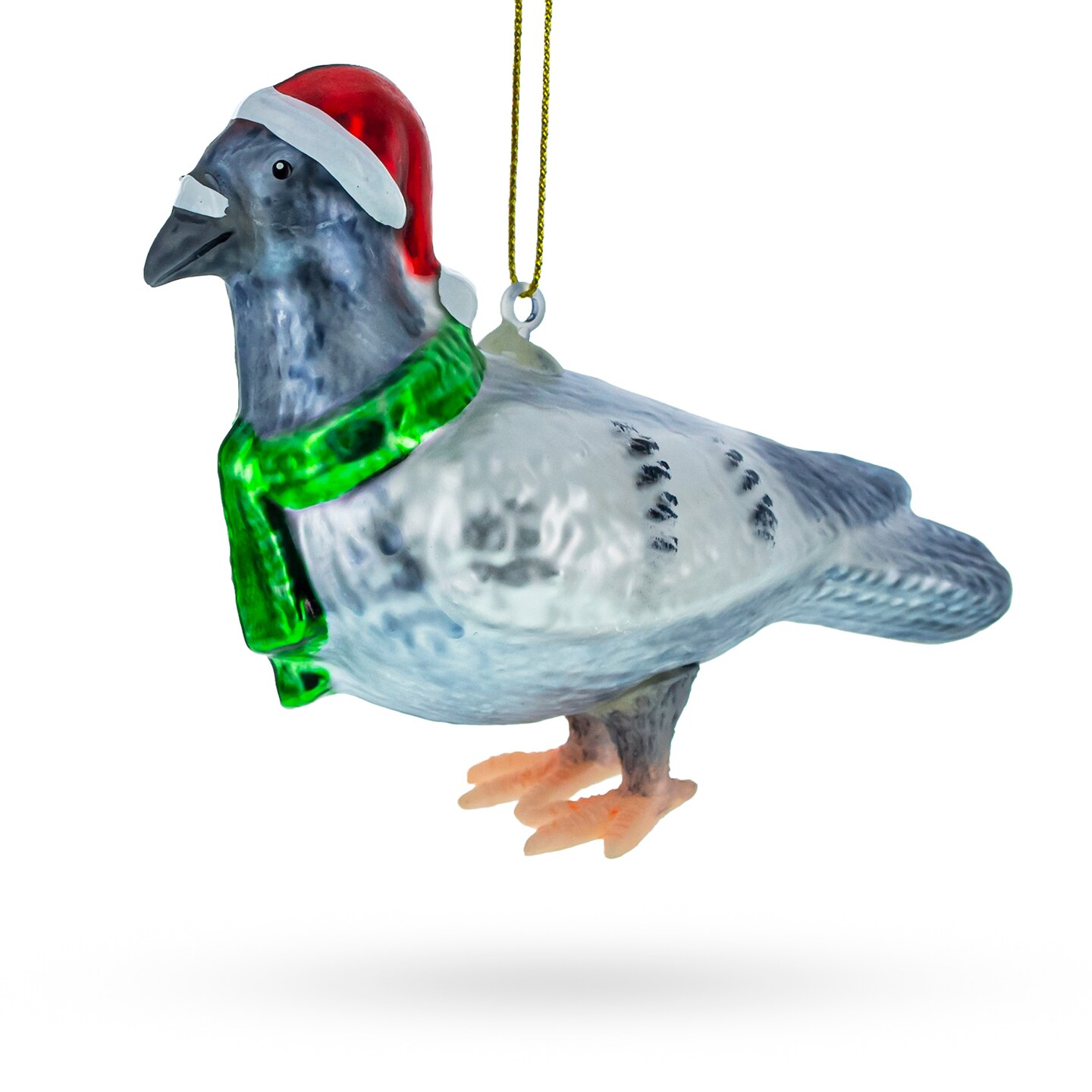 Festive Santa Hat-Wearing Pigeon Glass Christmas Ornament