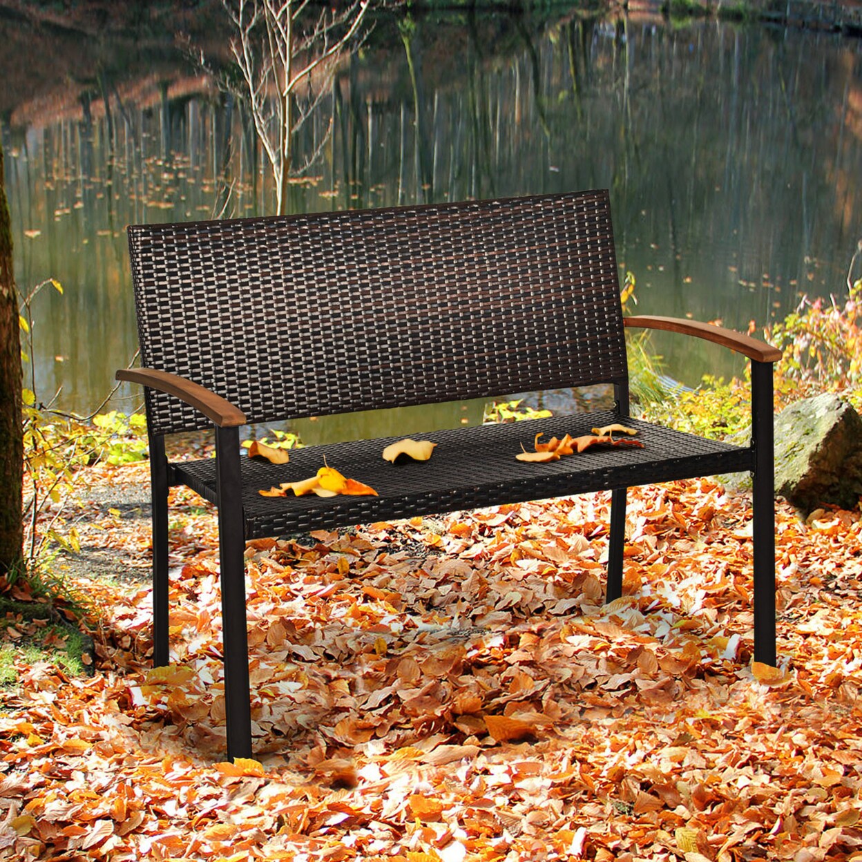 Patio Wicker Bench All Weather Rattan Chair Loveseat W/ Acacia Armrest