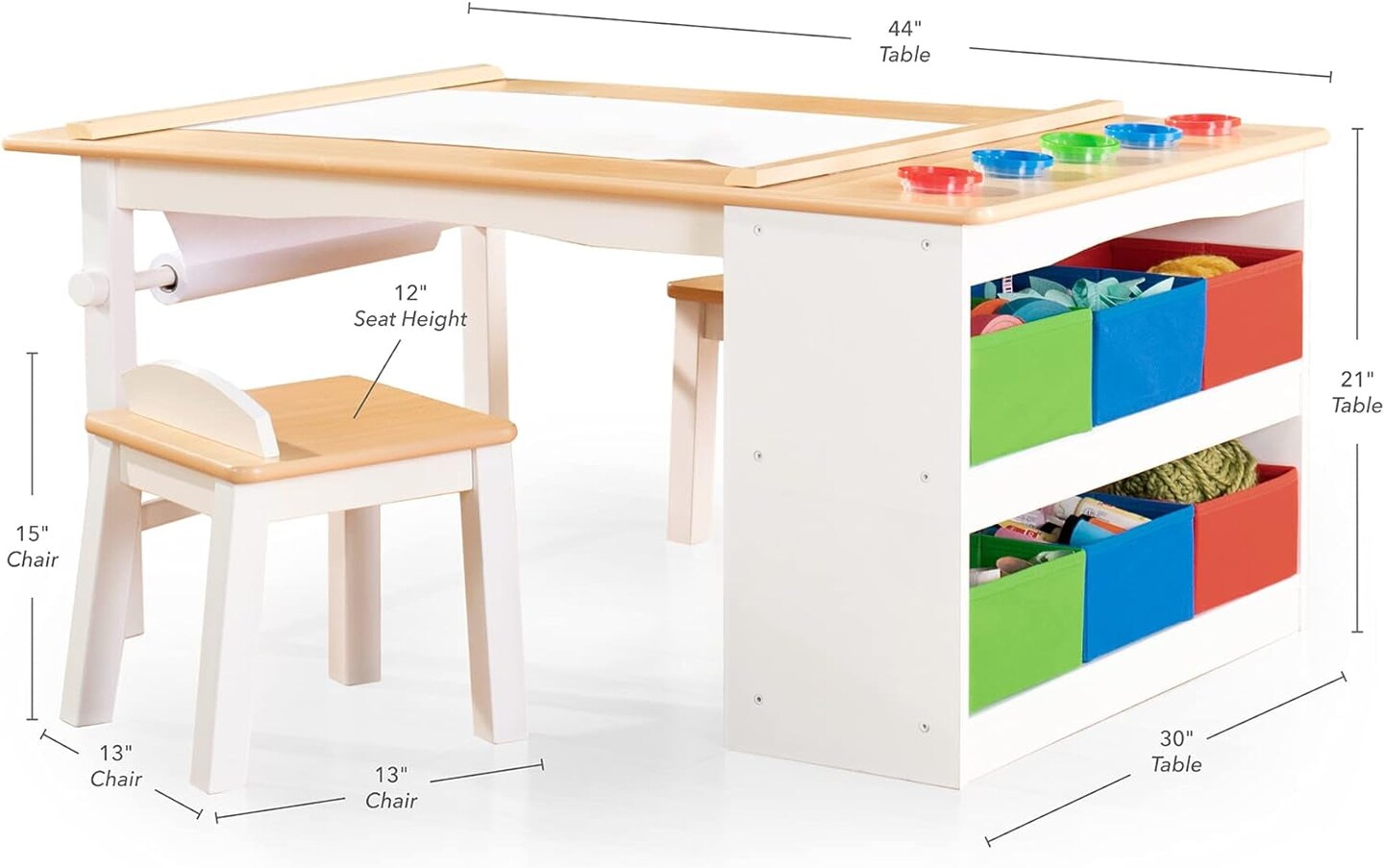 Arts and Crafts Center: Kids Activity Table and Drawing Desk with Stools, Storage Canvas Bins, Paper Roller, and Paint Cups | Toddlers Work Station - Children&#x27;S Wooden Learning Furniture