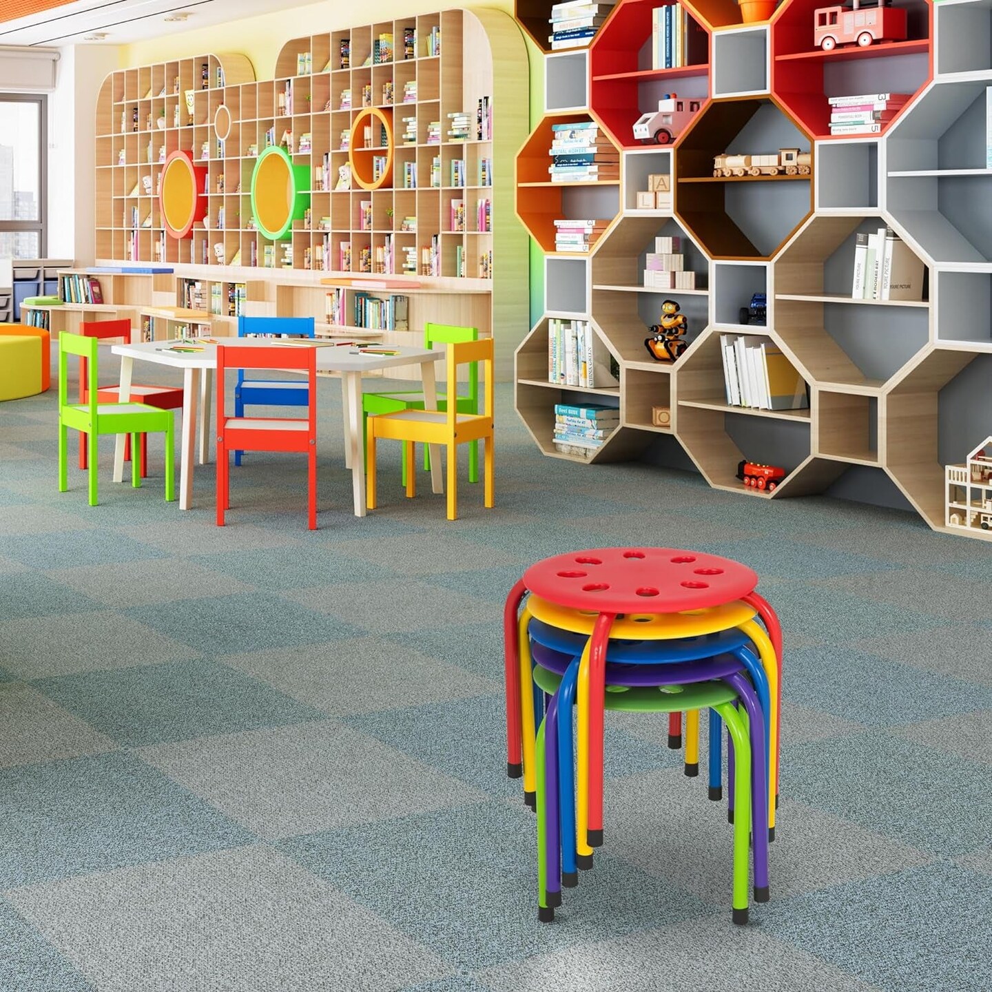 Daycare Stacking Stools for Kids, 12&#x22; Children&#x27;S Portable Nesting Office and Classroom Stools, Assorted Color, Pack of 5