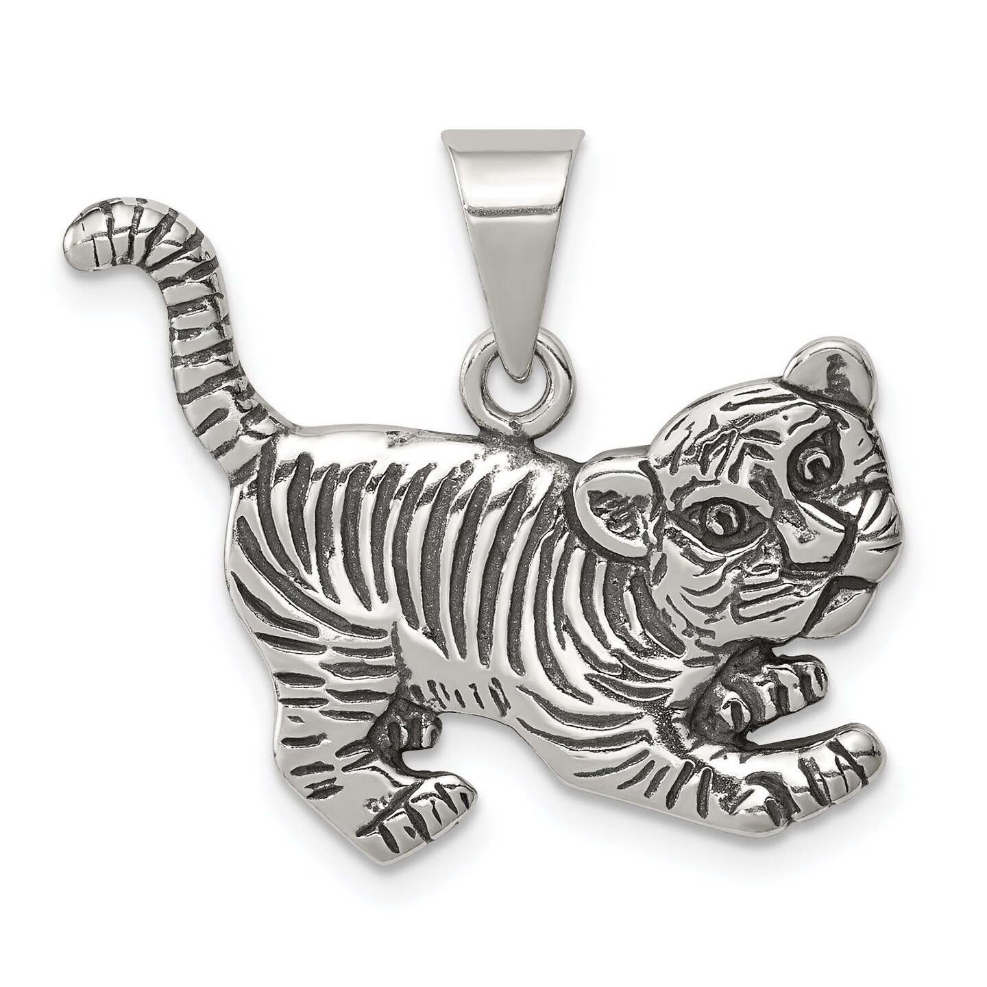 Sterling Silver Antiqued Tiger Charm Pendant Jewelry 23mm x 26mm