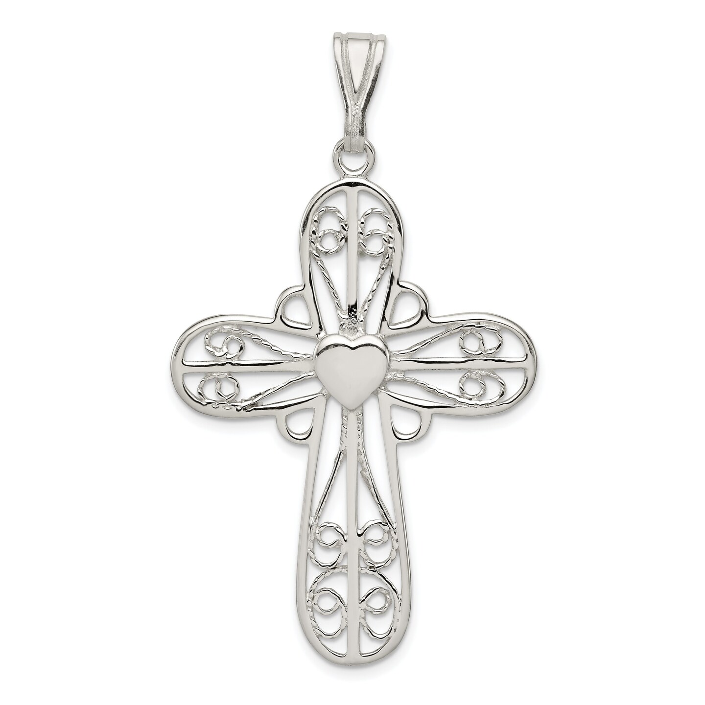 Sterling Silver Heart Cross Charm Pendant Jewelry 55mm x 33mm
