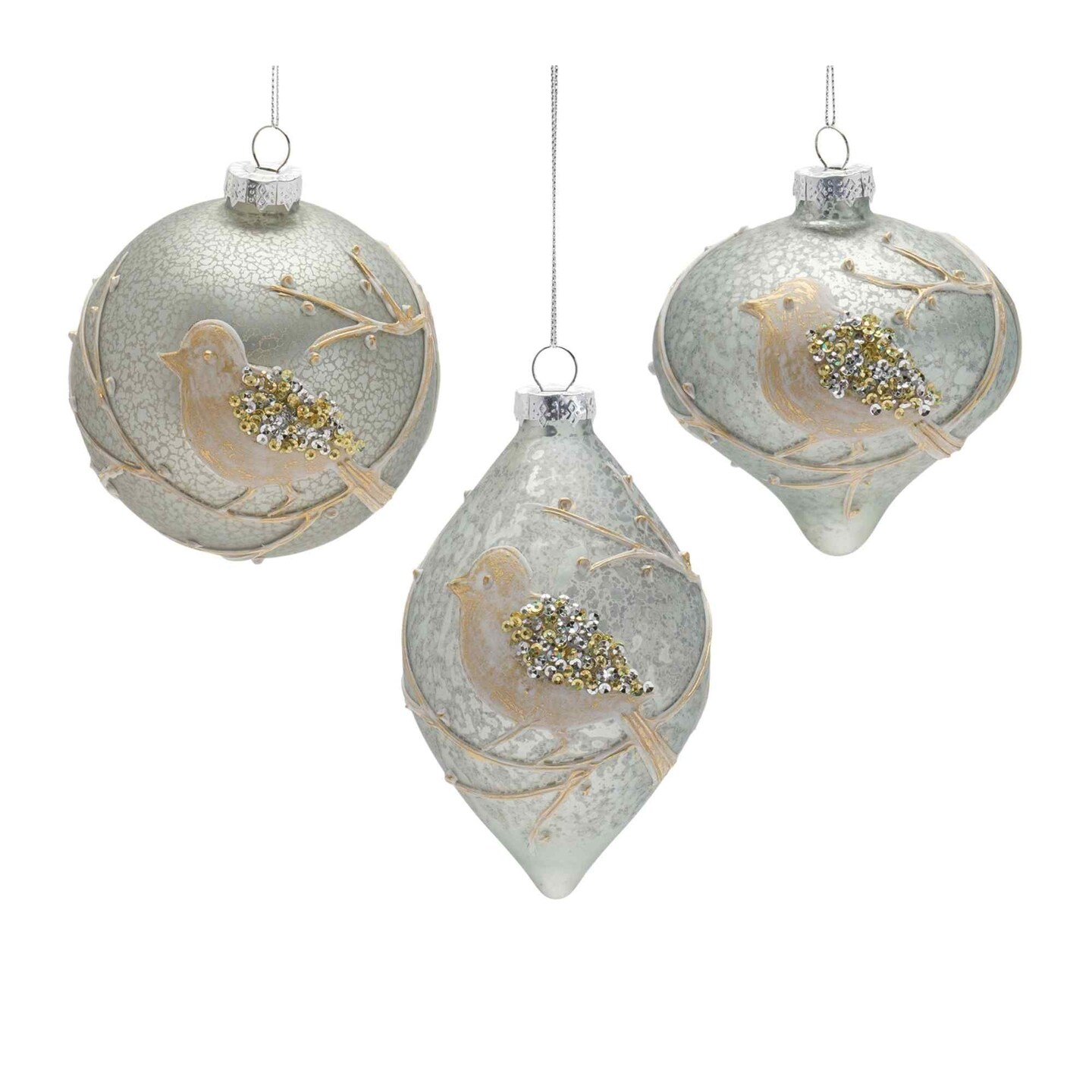Melrose Sequined Bird Glass Christmas Ornaments - 6" (150mm) - Gold and Silver - 6ct