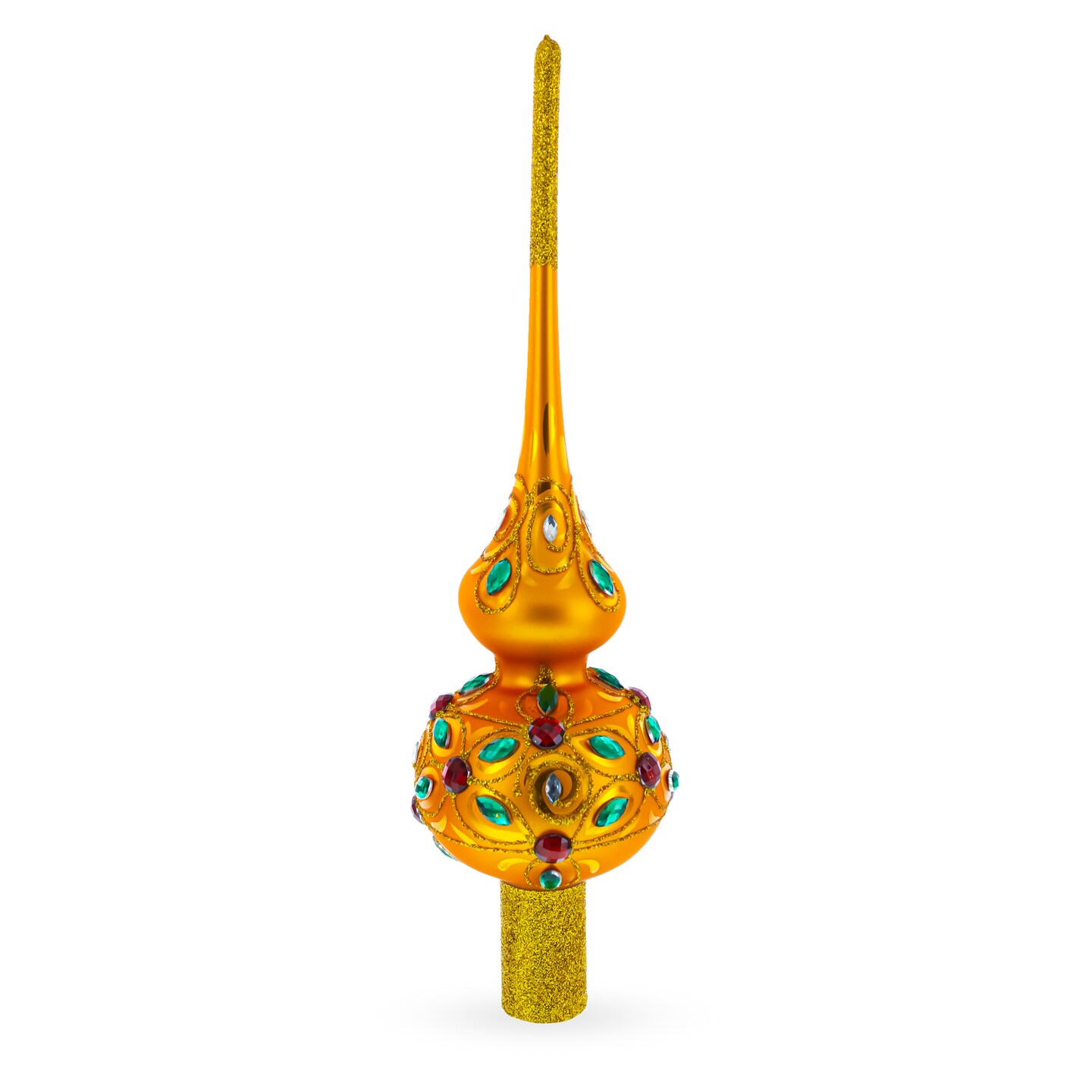 Dimensional Multicolored Jewels on Gold Mouth Blown Glass Christmas Tree Topper 11 Inches