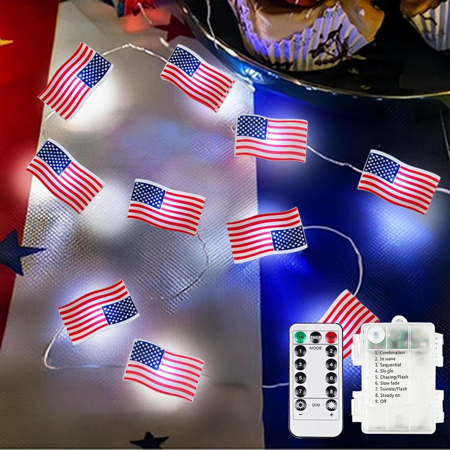 10FT American Flag LED String Lights with Remote, 8 Mode Waterproof Battery Operated Patriotic Fairy Lights for Indoor and Outdoor