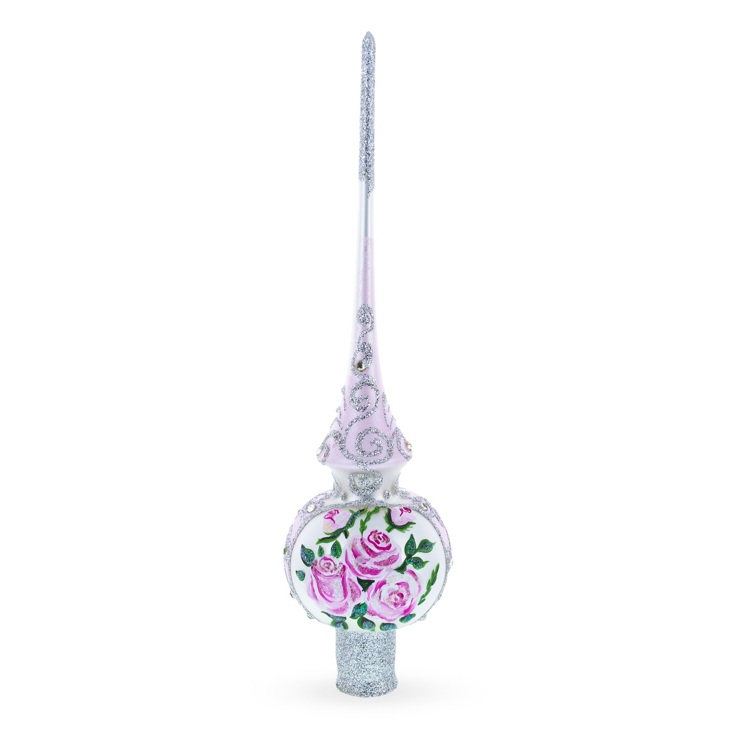 Pink Flowers Bouquet on Silver Mouth Blown Glass Christmas Tree Topper 11 Inches