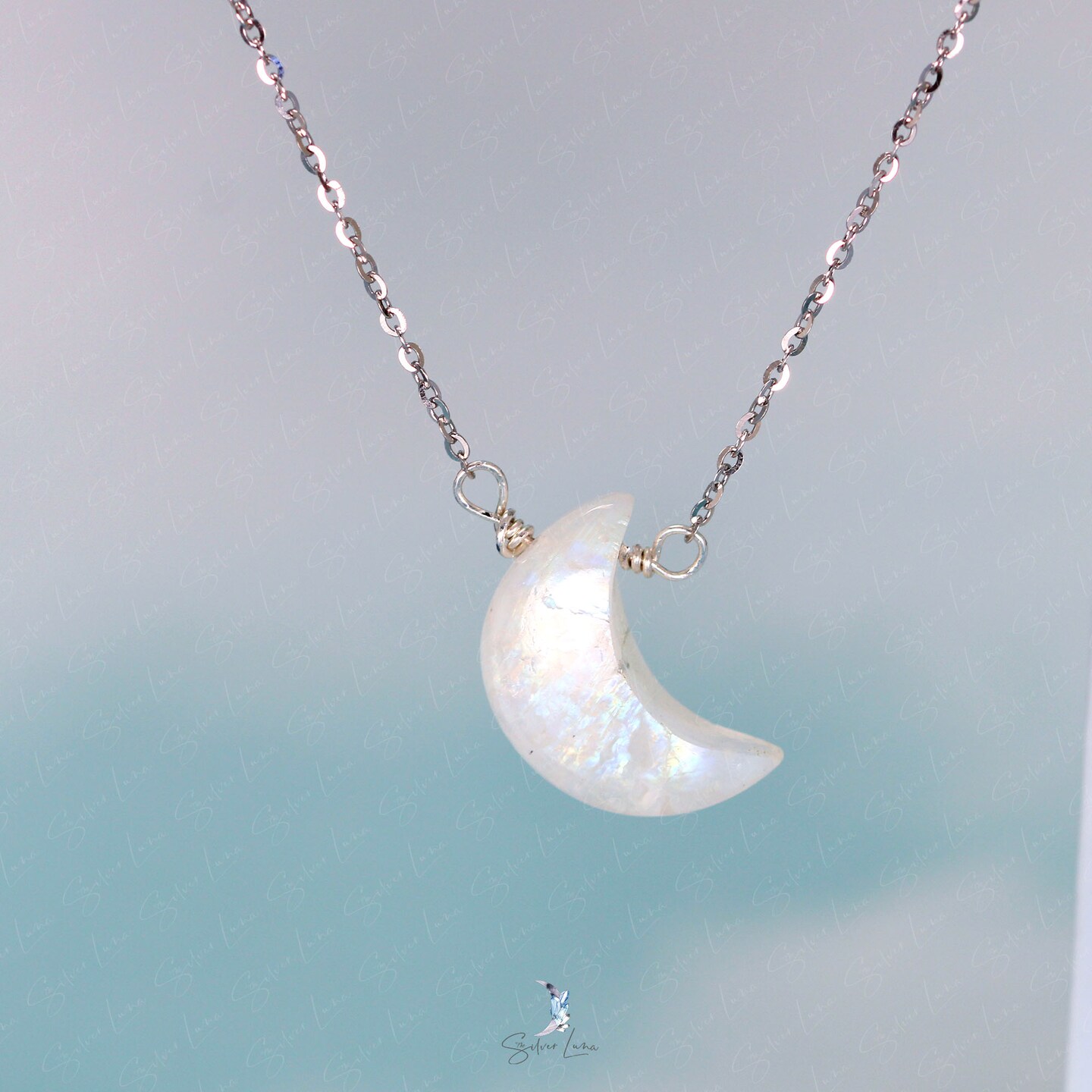 Crescent moon rainbow moonstone pendant necklace in sterling