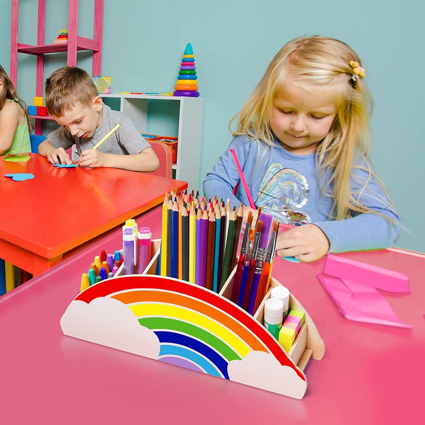 Wooden Pen Holder &#x26; Pencil Holders - Rainbow Supply Caddy Phone Holder Desk Organizer for Office Supplies Makeup Brush Classroom Organization for Women &#x26; Kids