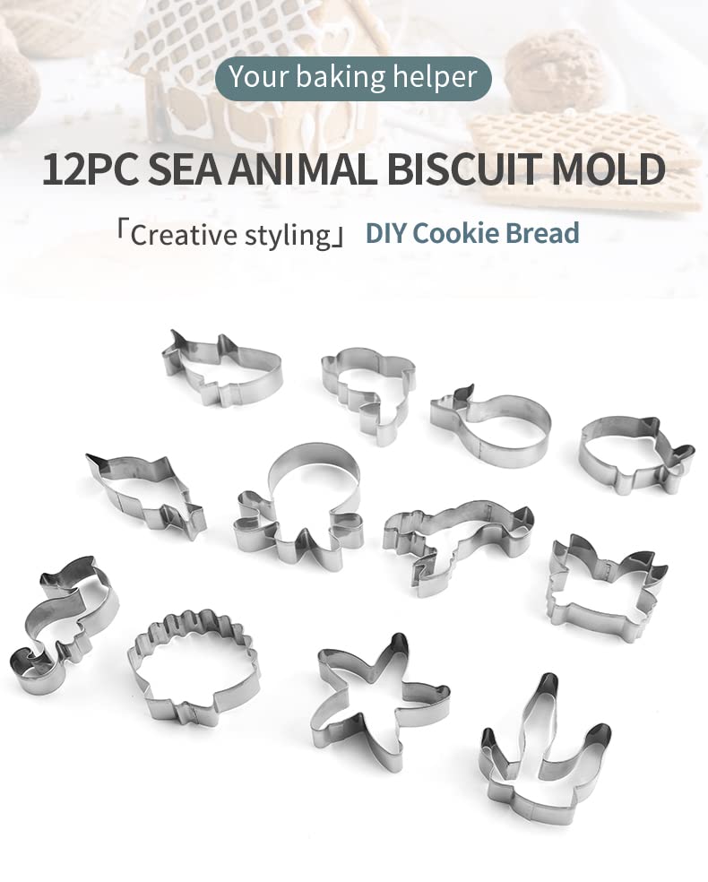 12 Pieces Ocean Creatures Cookie Cutters Set, ISZW Stainless Steel Marine Species Shapes Baking Mold for Kids Baking, Metal Cookie Sandwich Biscuit Cutter Molds for Kids Birthday Party DIY Cake Decoration