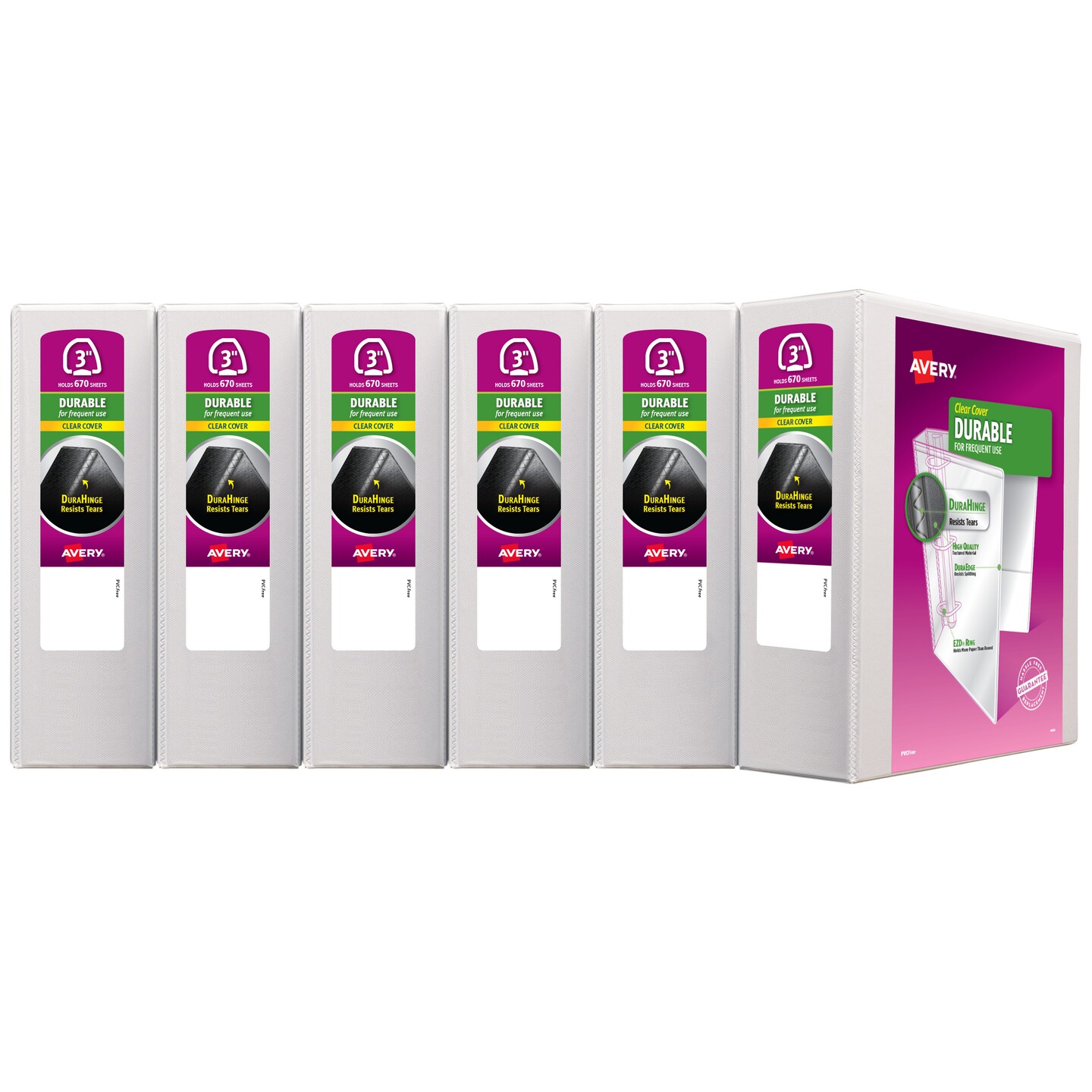 Avery Durable Clear View 3 Ring Binders, 3 Inch EZD Rings, 1 White Binder (09701) - 6 Pack