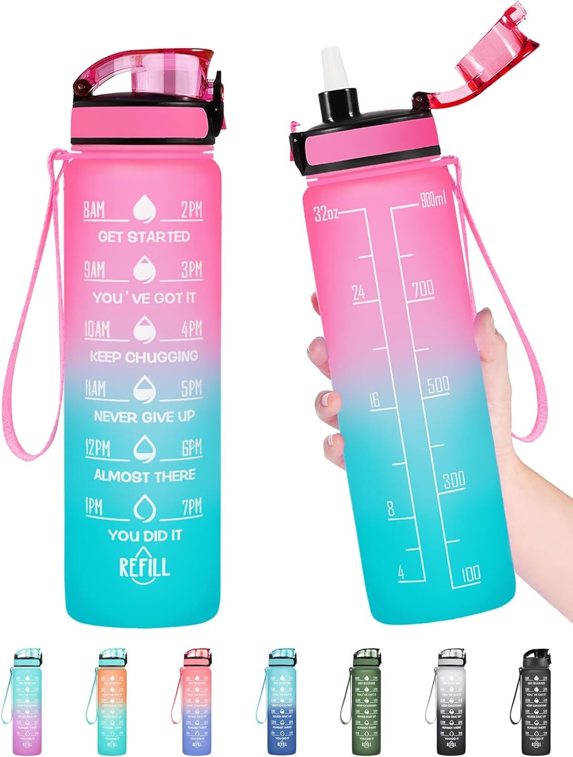 32 Oz Water Bottle, Leakproof BPA & Toxic Free, Motivational Water Bottle with Times to Drink and Straw, Fitness Sports Water Bottle with Strap for Office, Gym, Outdoor Sports, Gray-Black