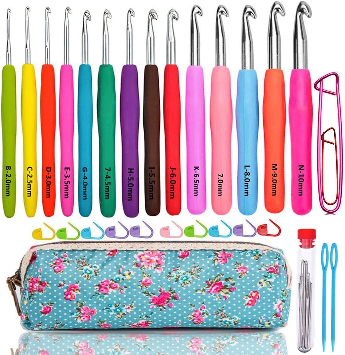 Large-Eye Blunt Needles Yarn Knitting plus Crochet Hooks Set with Case for Arthritic Hands, Ergonomic Handle. Best Gift!