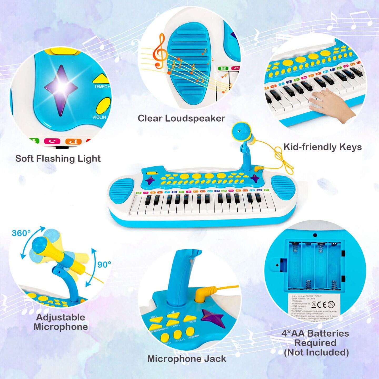 Kids Piano Keyboard with Adjustable Microphone and Stool