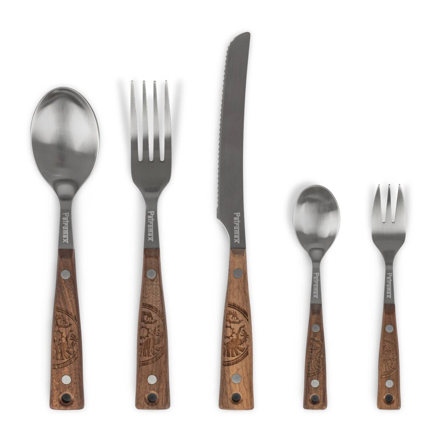 Petromax 5-Piece Camping Cutlery Set, Durable Stainless Steel Silverware  with Walnut Wooden Handles, Portable Reusable Flatware for Travel and  Backpacking